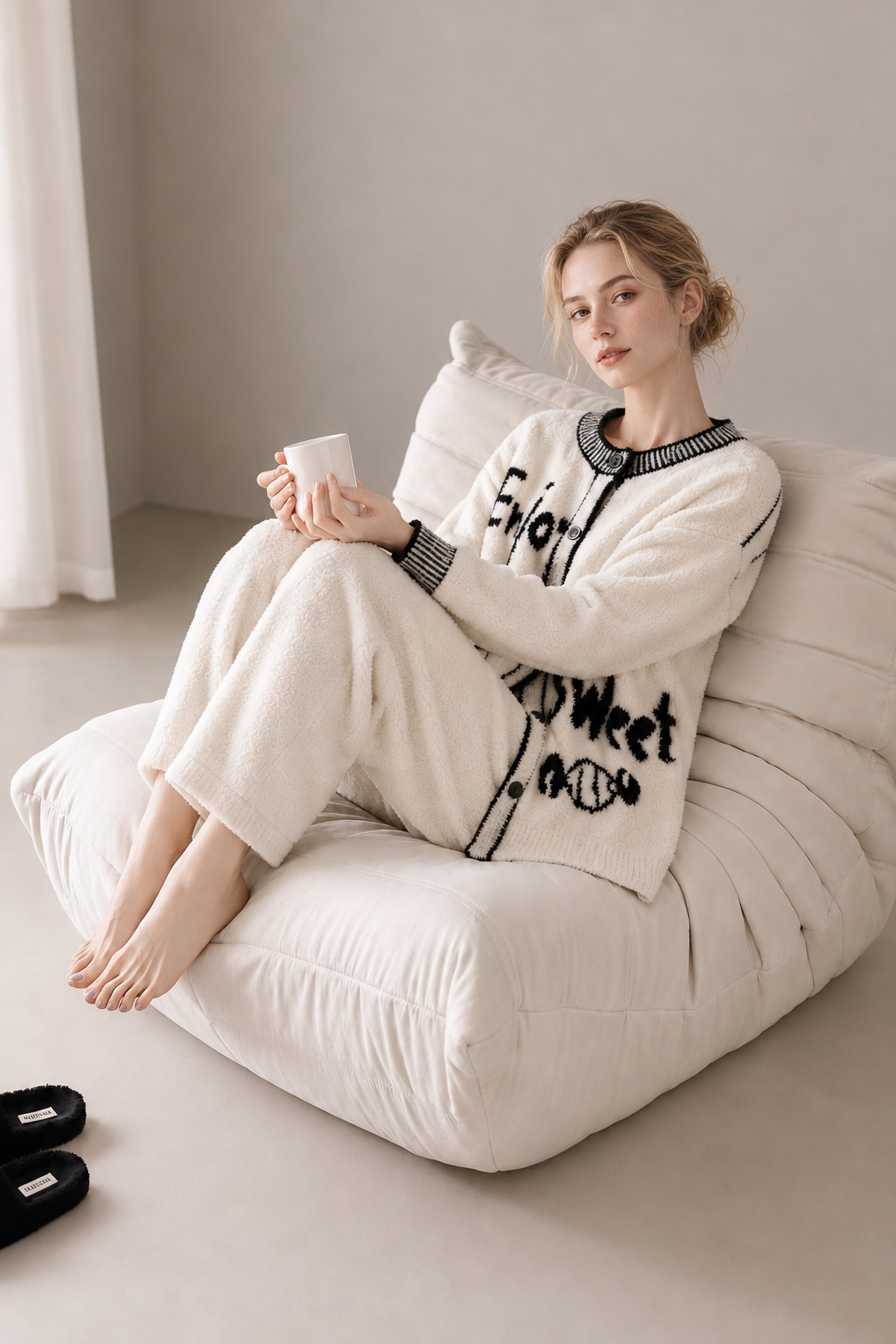Off-White & Black Half Fleece Loungewear Set, Crew Neck Long Sleeve Button Top, Graffiti Pattern Wide Leg Pants
