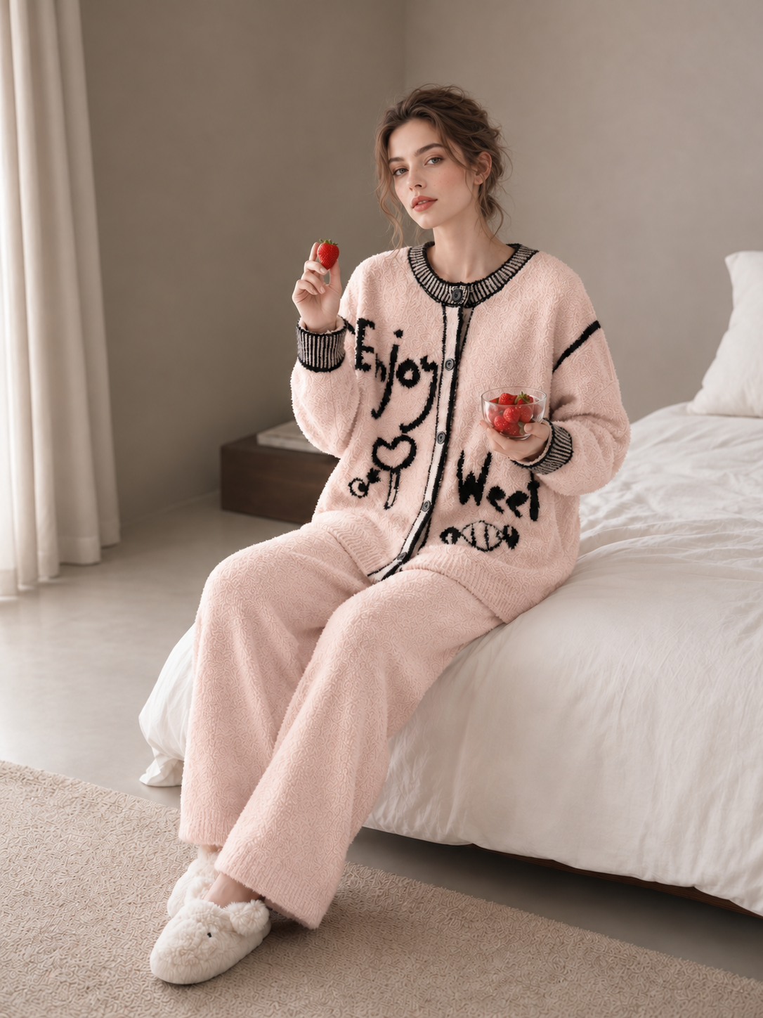 Light Pink & Black Half Fleece Sleepwear Set, Long Sleeve Button Top with Graffiti Pattern, Drawstring Waist Wide Leg Pants