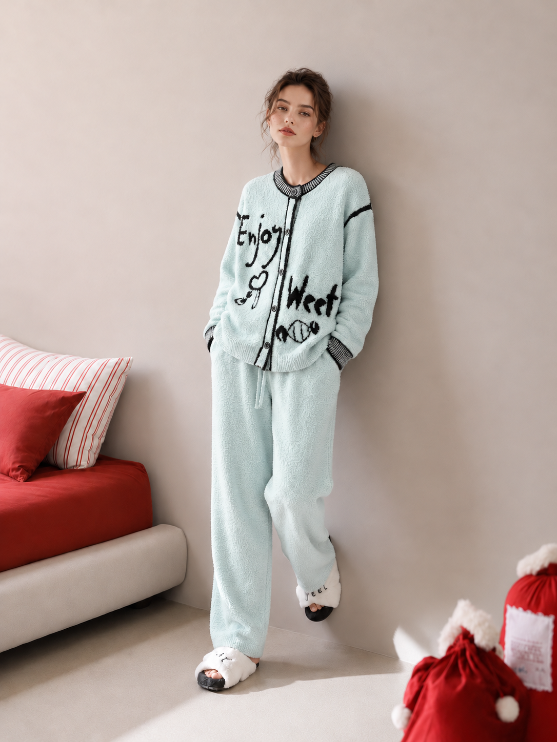 Light Blue & Black Half Fleece Sleepwear Set, Long Sleeve Button Top with Graffiti Pattern, Drawstring Waist Wide Leg Pants