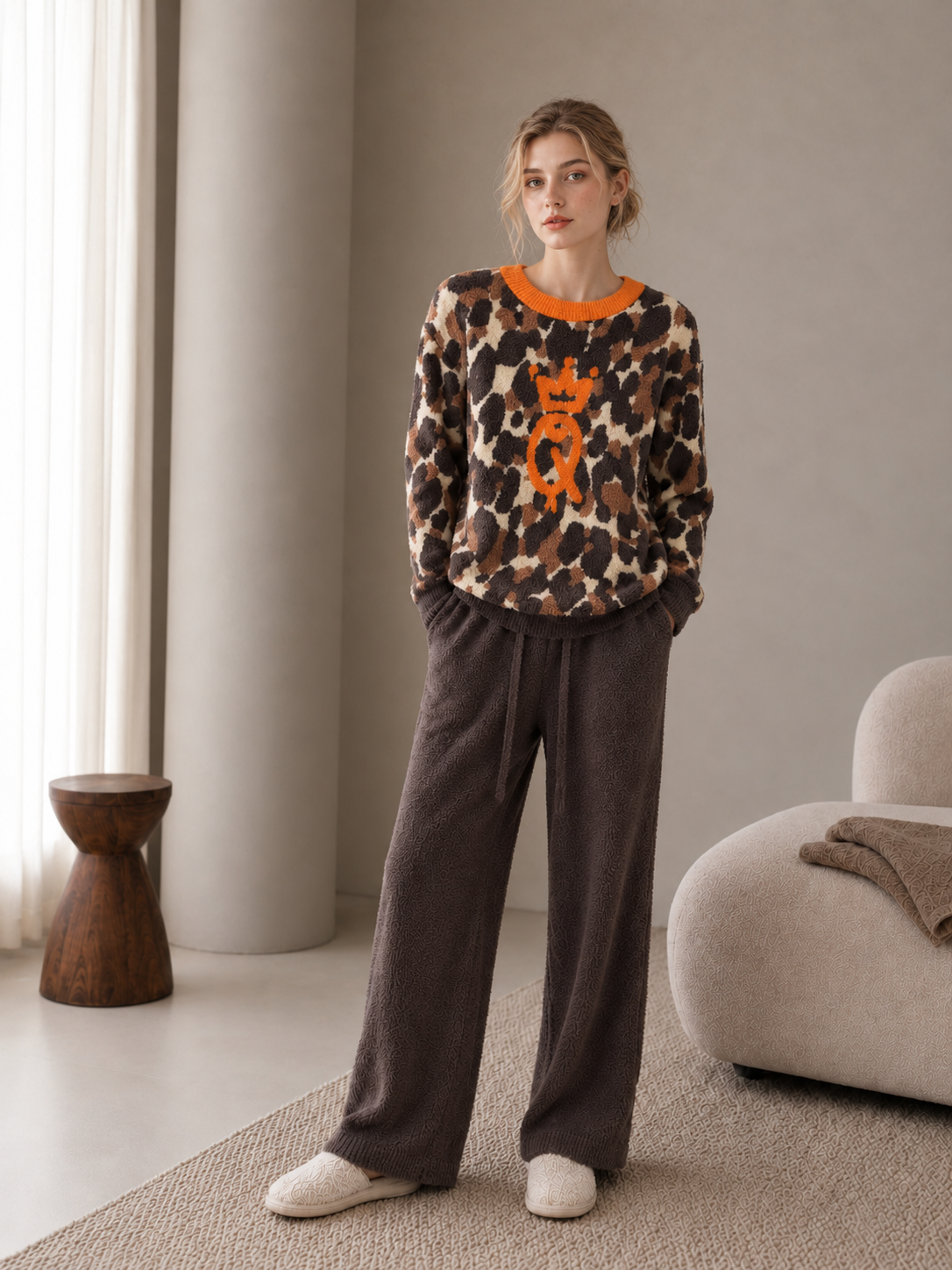 Leopard Print Half Fleece Sleepwear Set, Orange Trim Long Sleeve Top with Crown Pattern, Dark Brown Drawstring Waist Pants