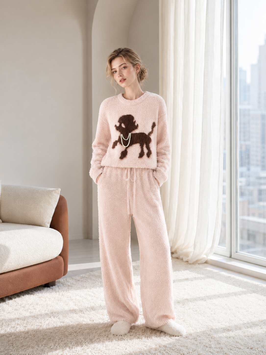 Women's Light Pink Double-Sided Half Fleece Pajama Set, Crew Neck Long Sleeve Top & Drawstring Pants, Brown Puppy Graphic with Pearl, Thermal Warm Loungewear