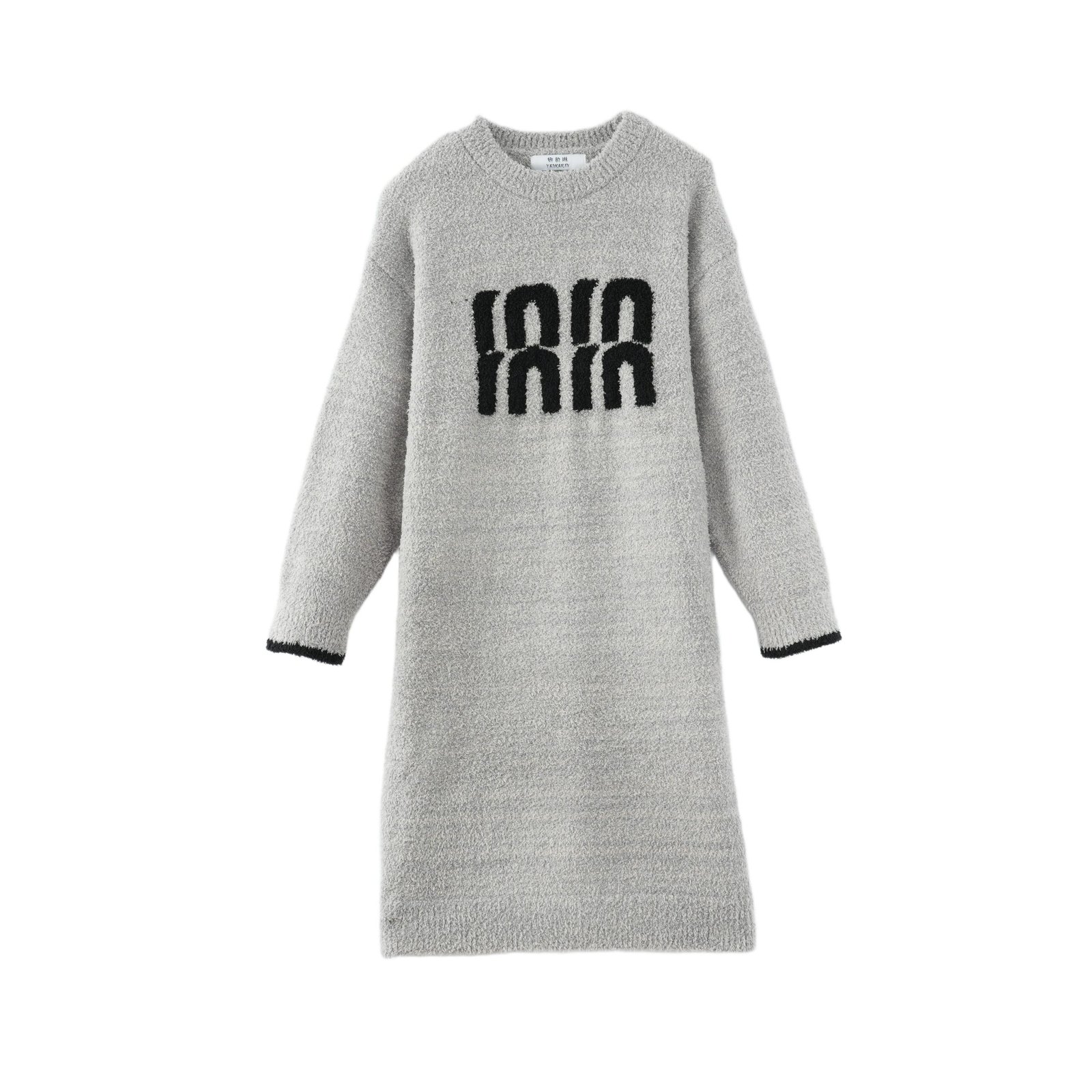 3D Letter Embroidery Crew Neck Half Fleece Nightgown Women's Beige Contrast Cuff Warm Winter Sleep Dress - Image 11