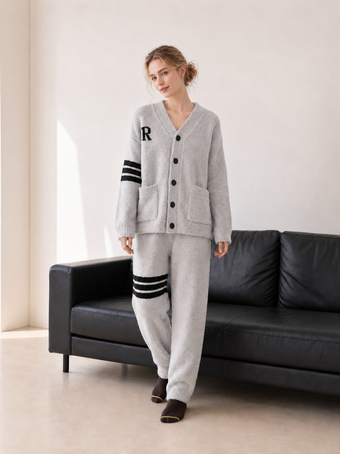 R Letter Varsity Stripe V-Neck Half Fleece Pajama Set Women's Heather Grey Warm Winter Loungewear - Image 4