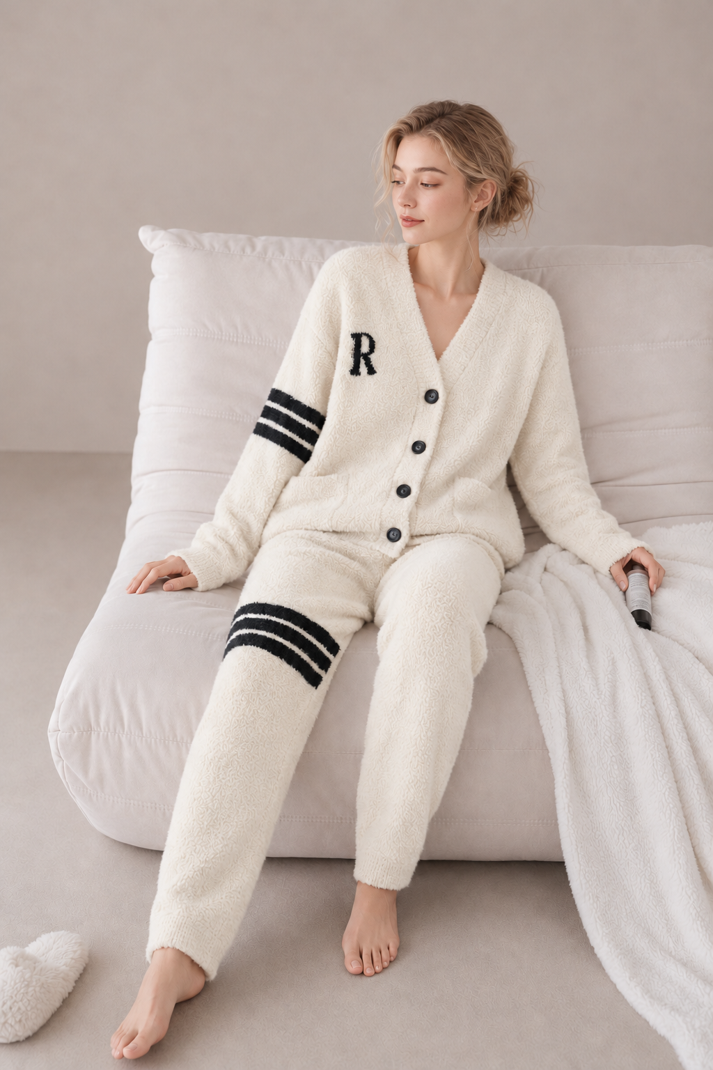 R Letter Varsity Stripe V-Neck Half Fleece Pajama Set Women's Heather Grey Warm Winter Loungewear - Image 18