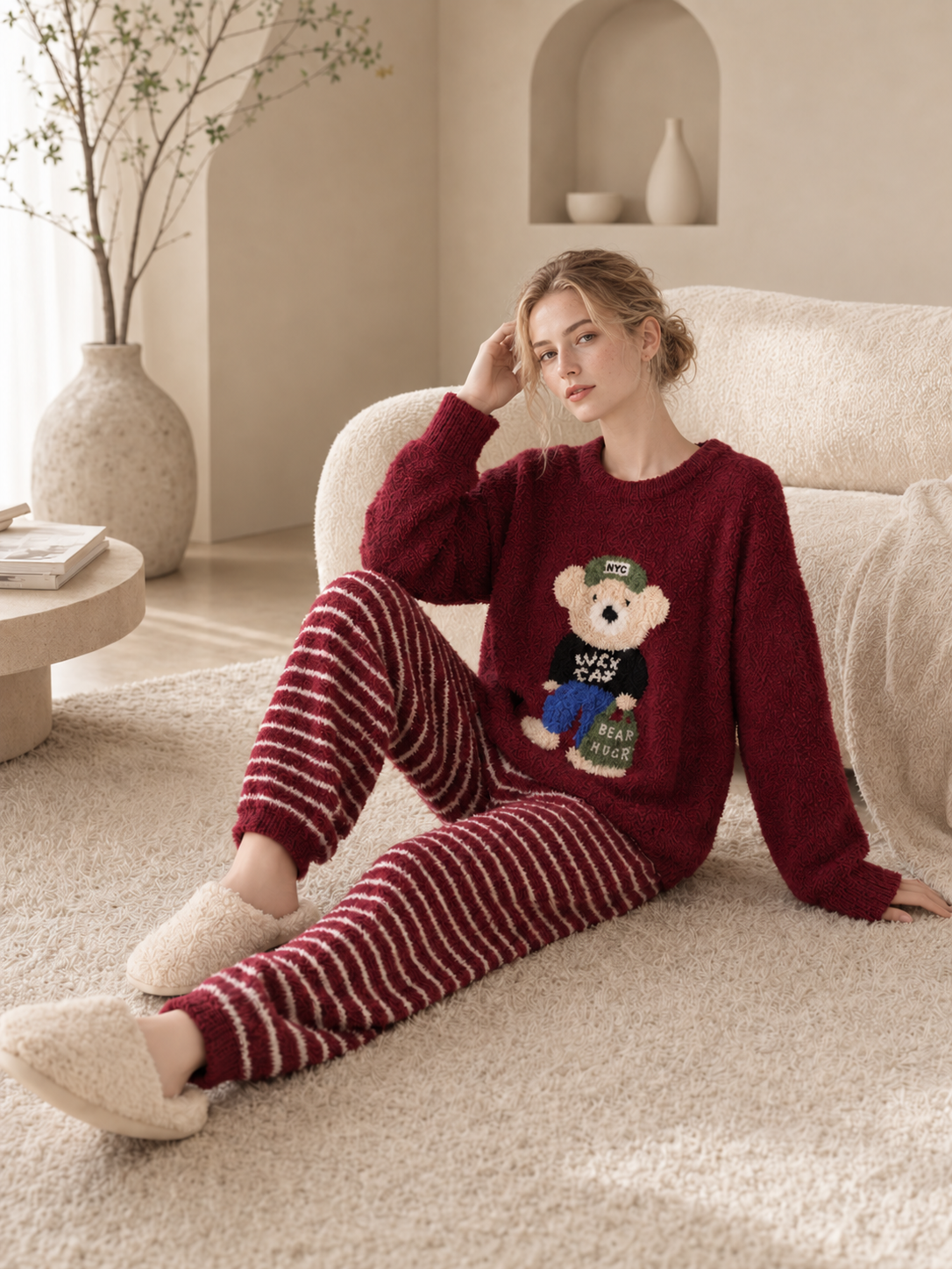 Teddy Bear Print Crew Neck Half Fleece Pajama Set Women's Red Striped Jogger Pants Warm Winter Loungewear - Image 11