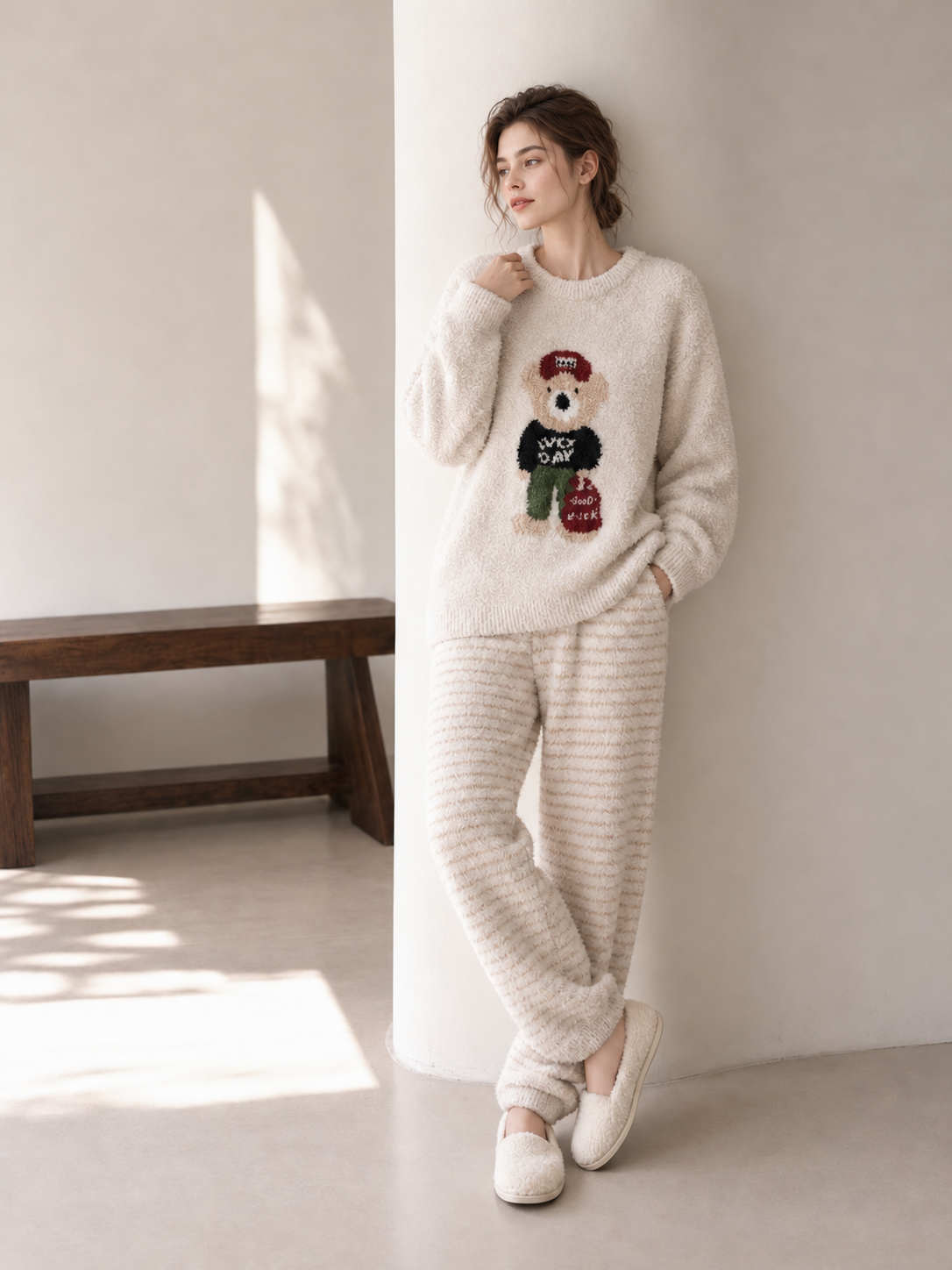 Teddy Bear Print Crew Neck Half Fleece Pajama Set Women's Red Striped Jogger Pants Warm Winter Loungewear - Image 3
