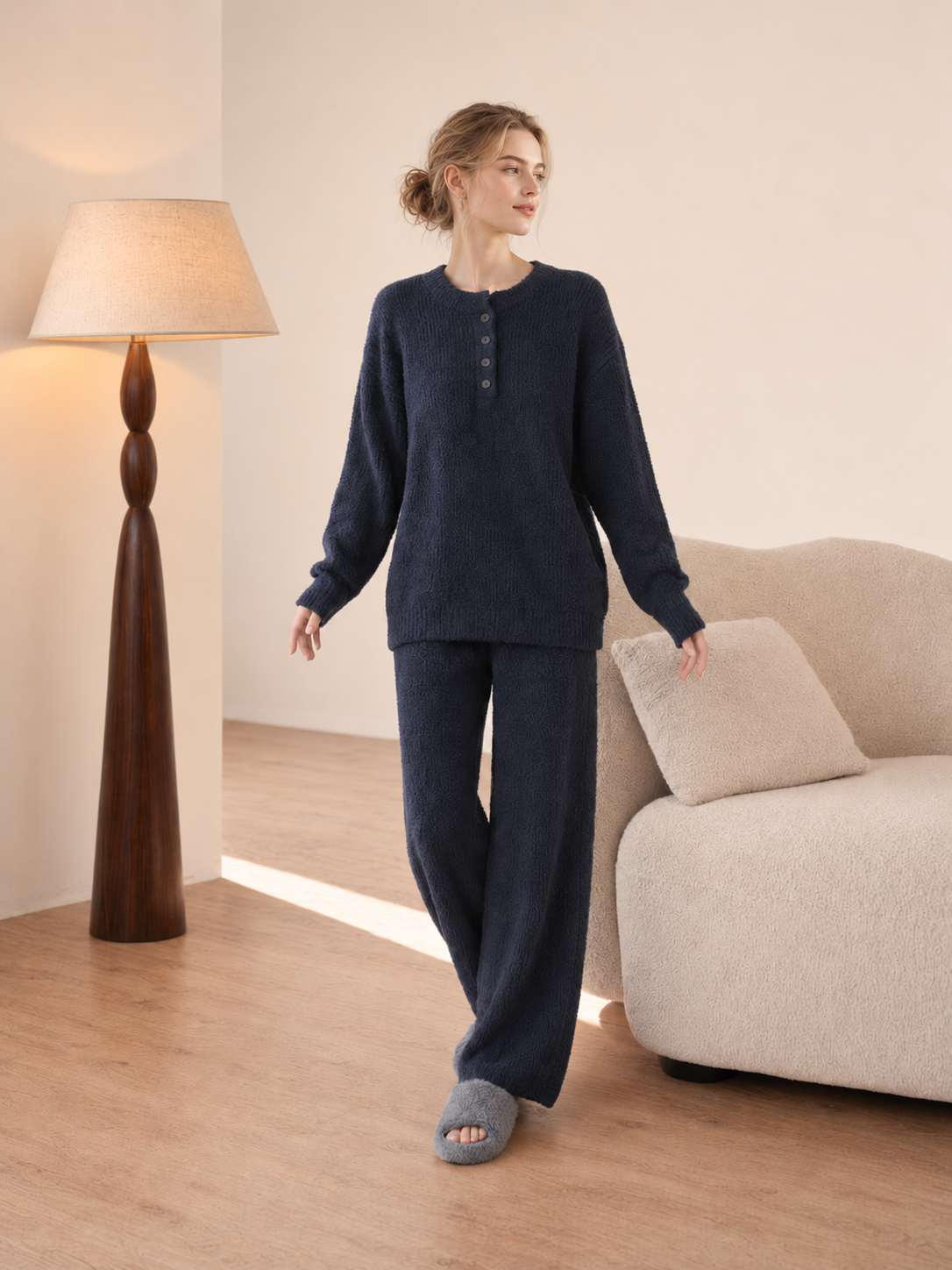 Oatmeal Henley Half Fleece Pajama Set Men's Warm Winter Loungewear with Pockets - Image 2