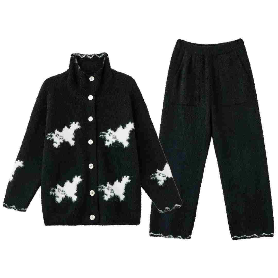 Women's Black Half Fleece Pajama Set Multi-Detail View, Contrast Scalloped Collar Craft, Puppy Jacquard Cuffs, Elastic Waist Pants with Side Pockets