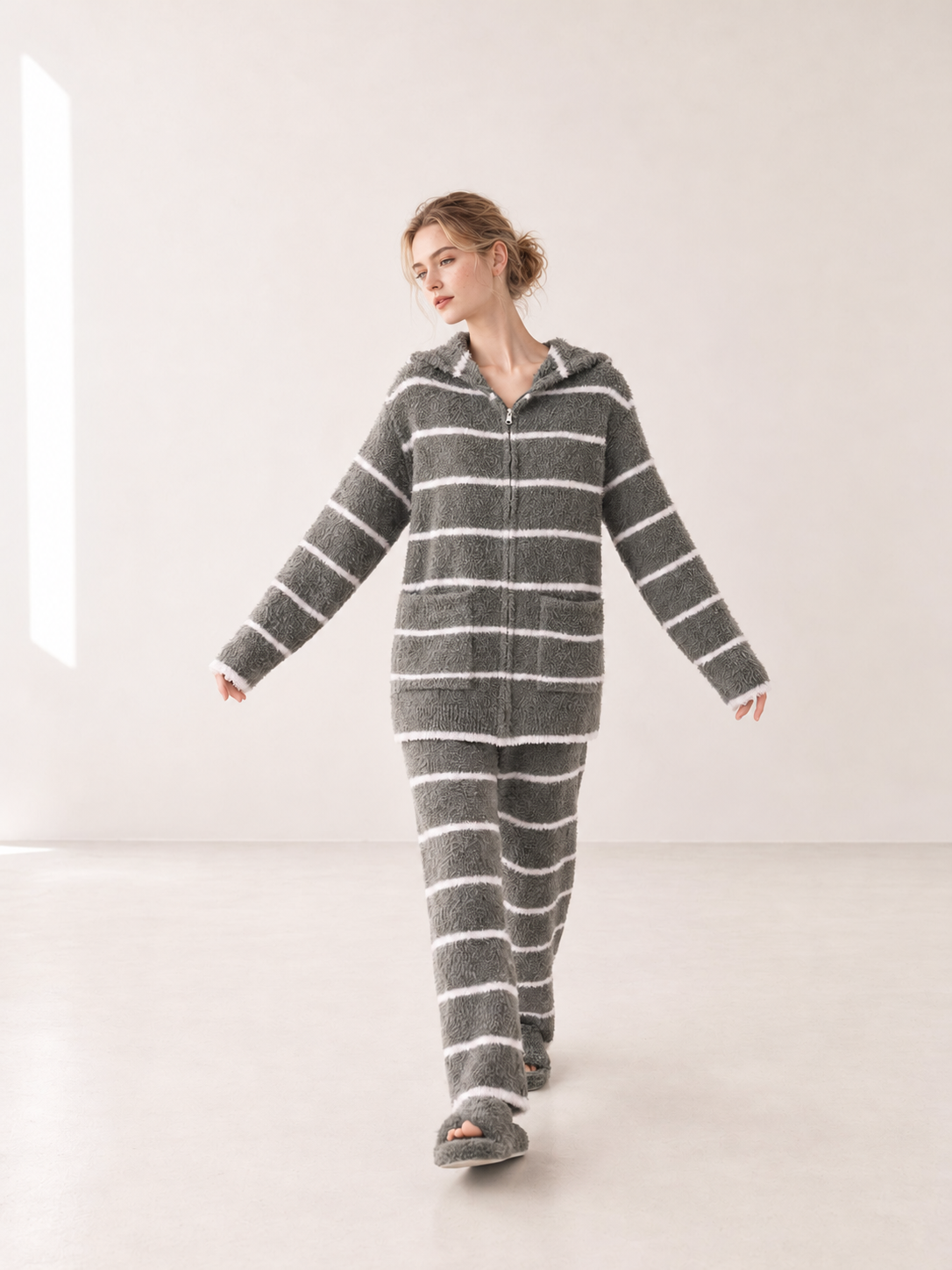Green White Striped Zip Up Hooded Half Fleece Pajama Set Women's Warm Winter Loungewear with Pockets - Image 13