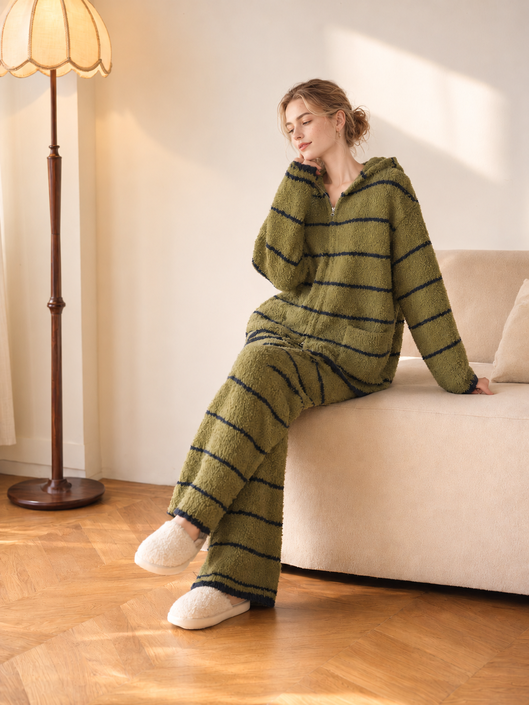 Green White Striped Zip Up Hooded Half Fleece Pajama Set Women's Warm Winter Loungewear with Pockets - Image 4