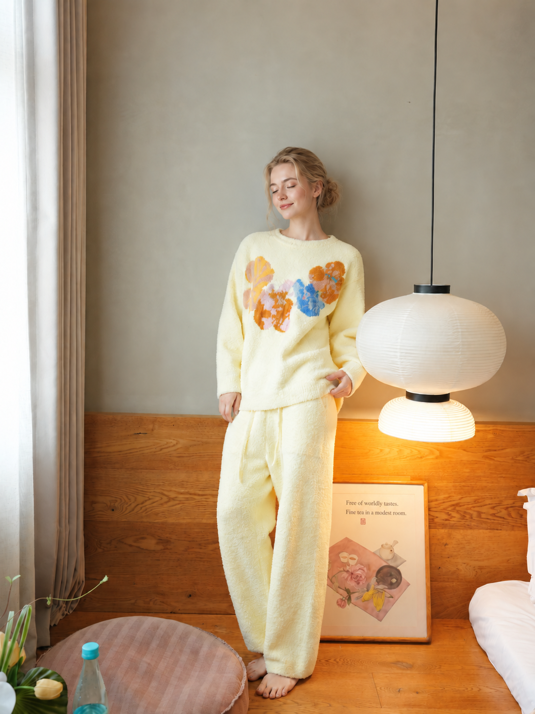Cream Colorful Floral Print Crew Neck Half Fleece Pajama Set Women's Warm Winter Loungewear - Image 27
