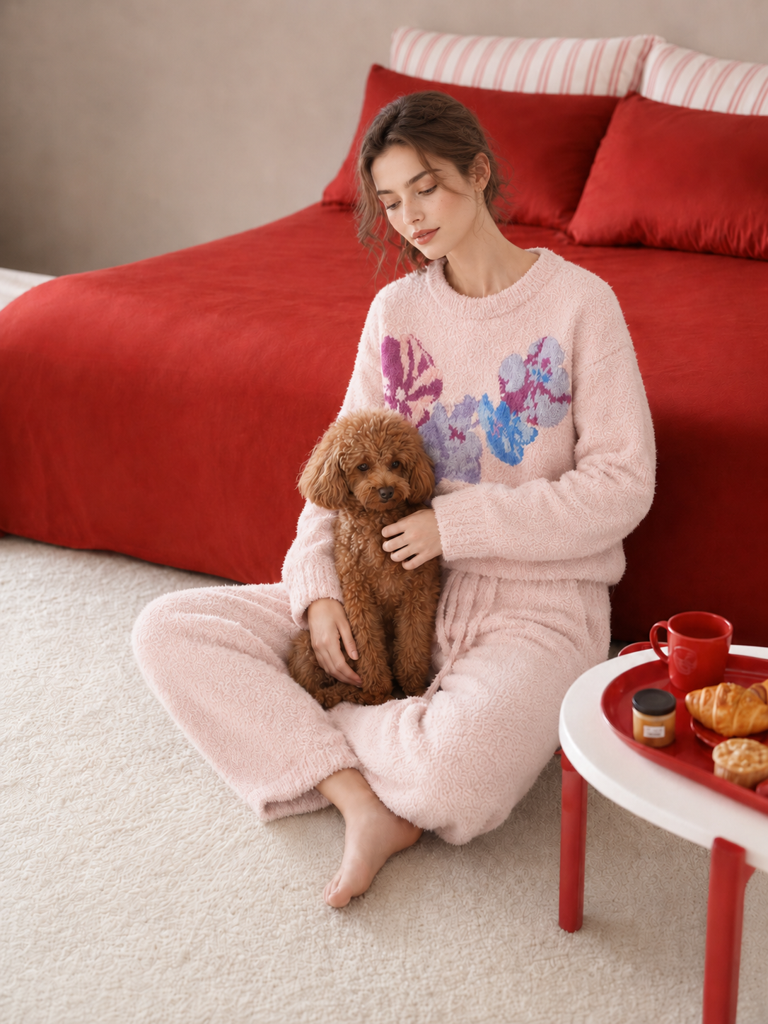 Cream Colorful Floral Print Crew Neck Half Fleece Pajama Set Women's Warm Winter Loungewear - Image 16