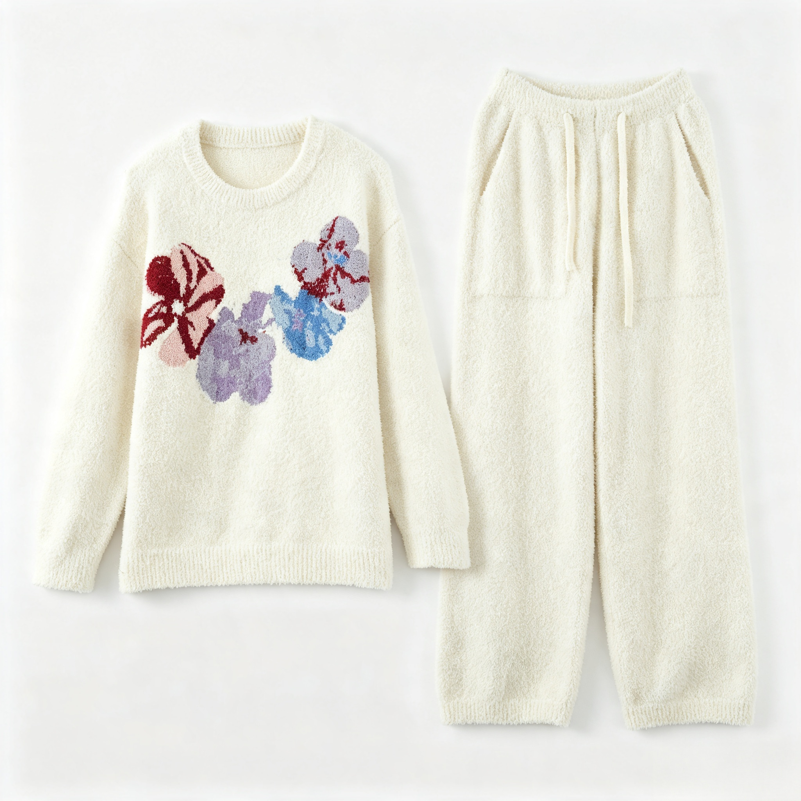 Cream Colorful Floral Print Crew Neck Half Fleece Pajama Set Women's Warm Winter Loungewear - Image 24