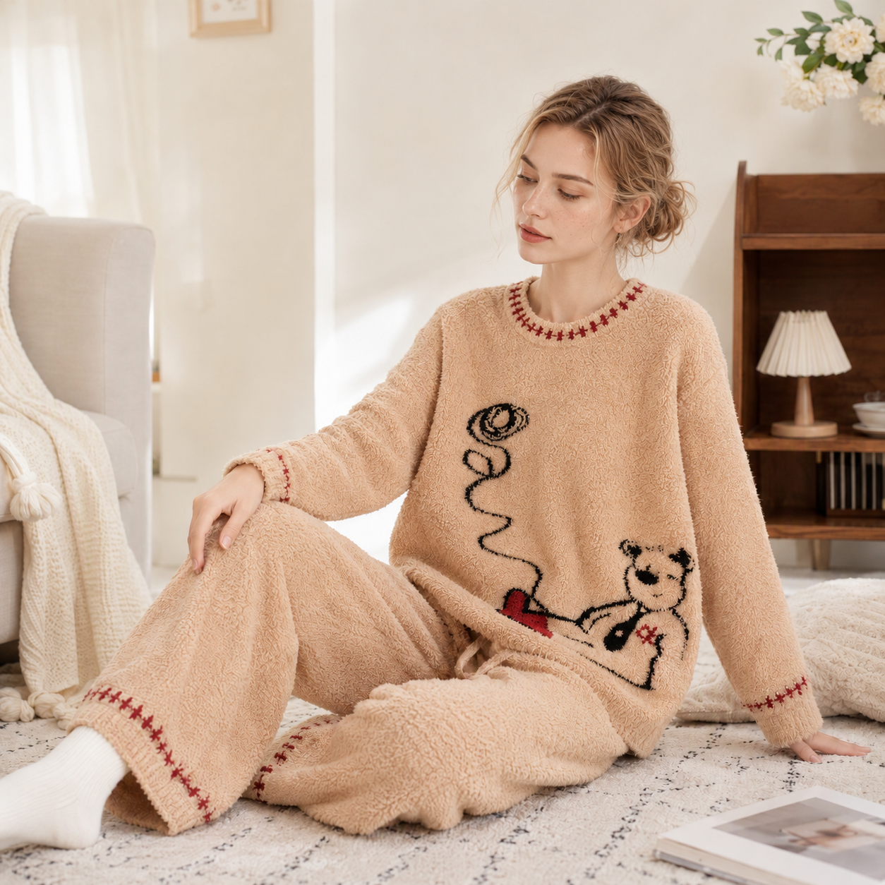 Women's Khaki Half Fleece Loungewear Set, Crew Neck Long Sleeve Top & Drawstring Pants, Bear Graphic Pattern, Red Stitching Detail, Soft Fluffy Texture