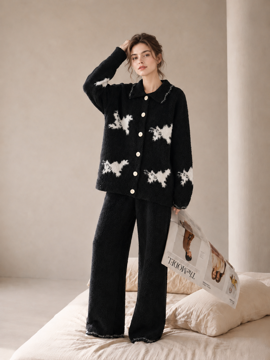 Women's Black Half Fleece Loungewear Set, Collared Button Front Top & Elastic Waist Pants, Puppy Pattern, Soft Plush Fleece Fabric