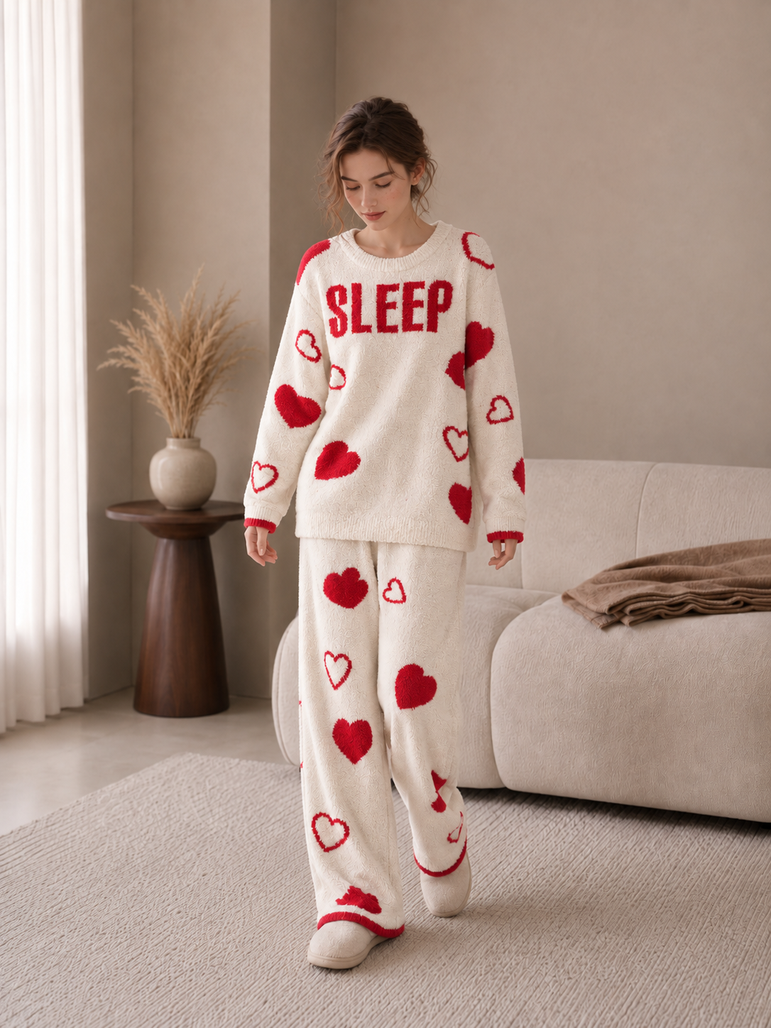 Women's Cream and Red Half Fleece Loungewear Set, Crew Neck Long Sleeve Pullover Top & Wide Leg Pants, Heart Print Pattern, Contrast Trim Detail