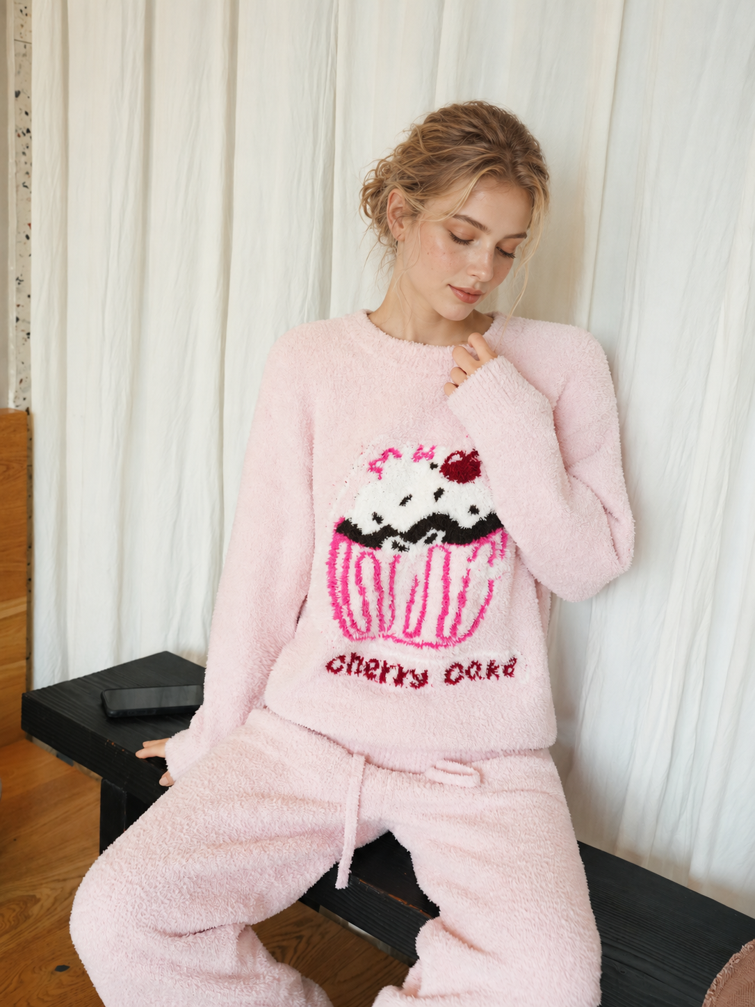 Women's Pink Half Fleece Loungewear Set, Crew Neck Long Sleeve Top & Wide Leg Trousers, Cherry Cake Pattern, Side Pocket Detail