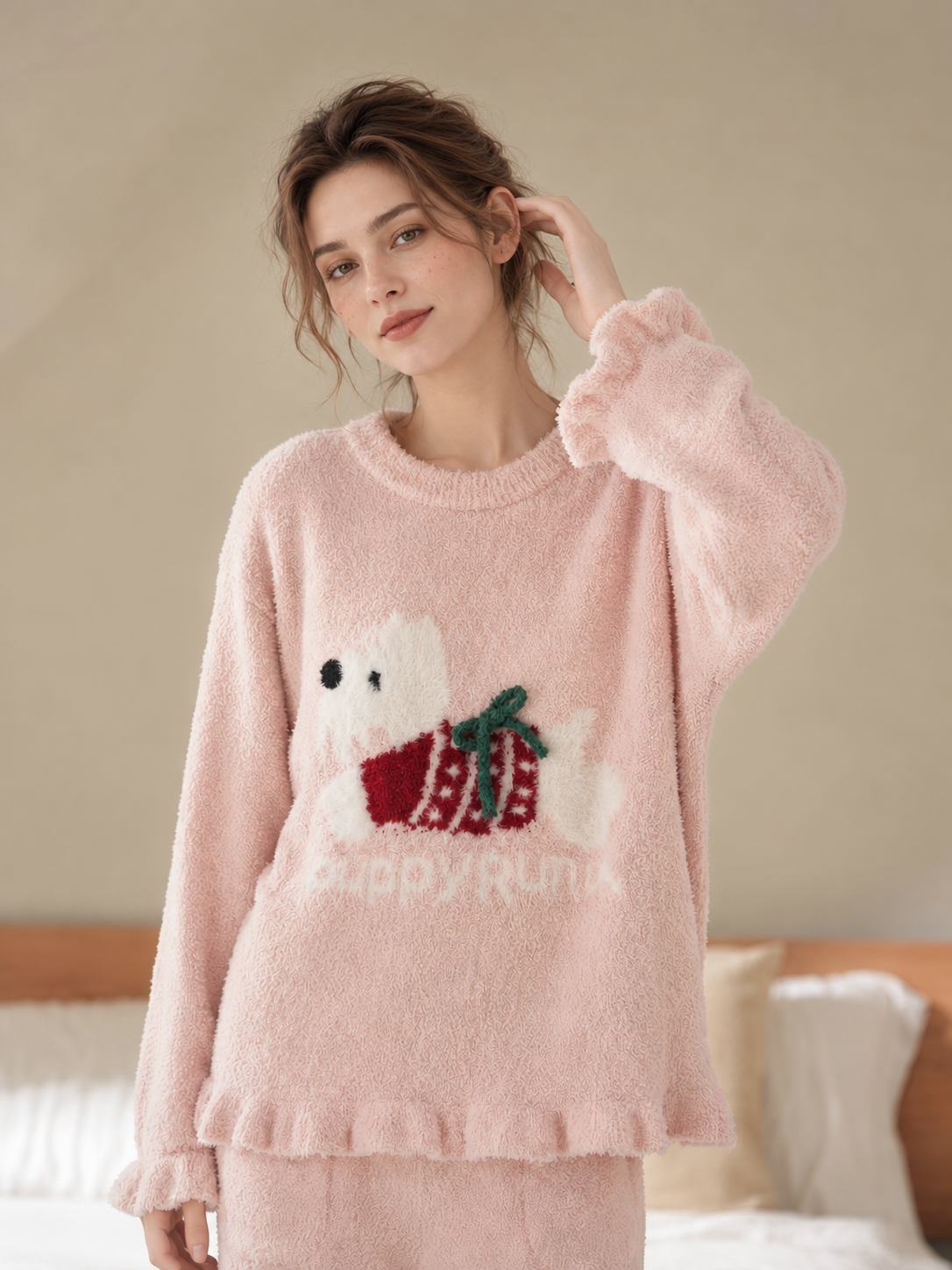 Women's Blush Pink and White Half Fleece Loungewear Set, Crew Neck Long Sleeve Top & Wide Leg Trousers, Puppy Pattern Jacquard, Ruffled Cuffs and Hem