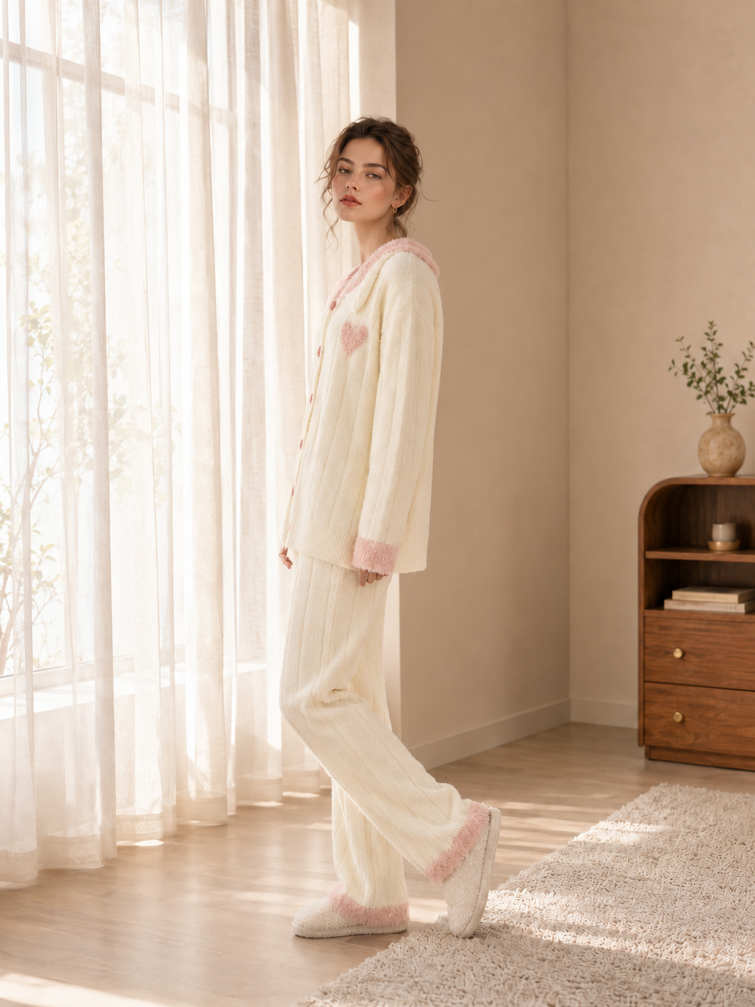 Women's Cream and Pink Half Fleece Loungewear Set, Hooded with Bunny Ears Cardigan Top & Elastic Waist Wide Leg Trousers, Vertical Ribbed, Contrast Furry Trim Detail