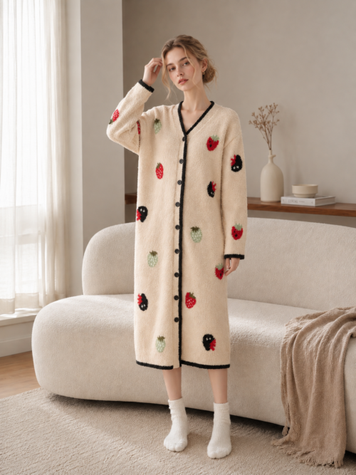 Women's Off-White Half Fleece Loungewear Sleep Robe, V-Neck Button Front Long Sleeve, Strawberry Pattern with Black Contrast Trim