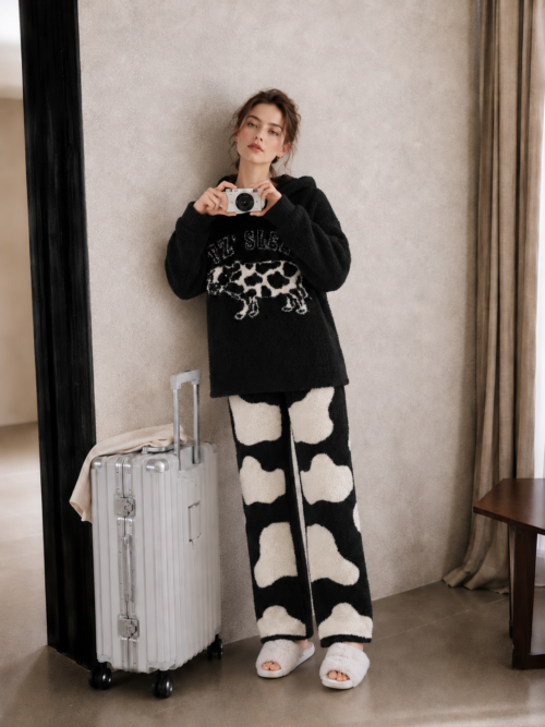 Women's Black and White Half Fleece Loungewear Set, Hooded Long Sleeve Top & Elastic Waist Wide Leg Trousers, Cow Spot Jacquard Pattern, Relaxed Hooded Design