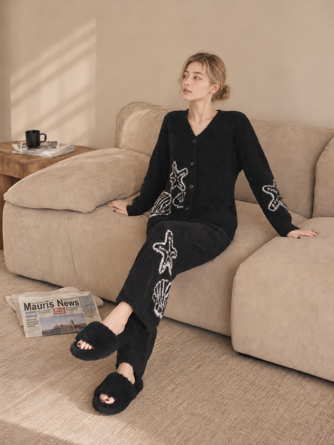 Women's Black Half Fleece Pajama Set, V-neck Button Cardigan & Wide Leg Trousers, Starfish Seashell Intarsia, Side Detail View