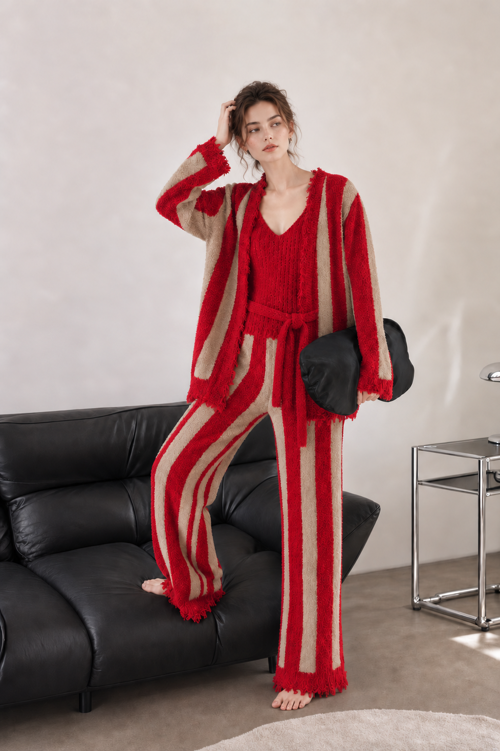Women's Red & Beige Half Fleece 3-Piece Loungewear Set, Vertical Stripe Belted Frayed Trim Cardigan & Wide Leg Pants, Front View