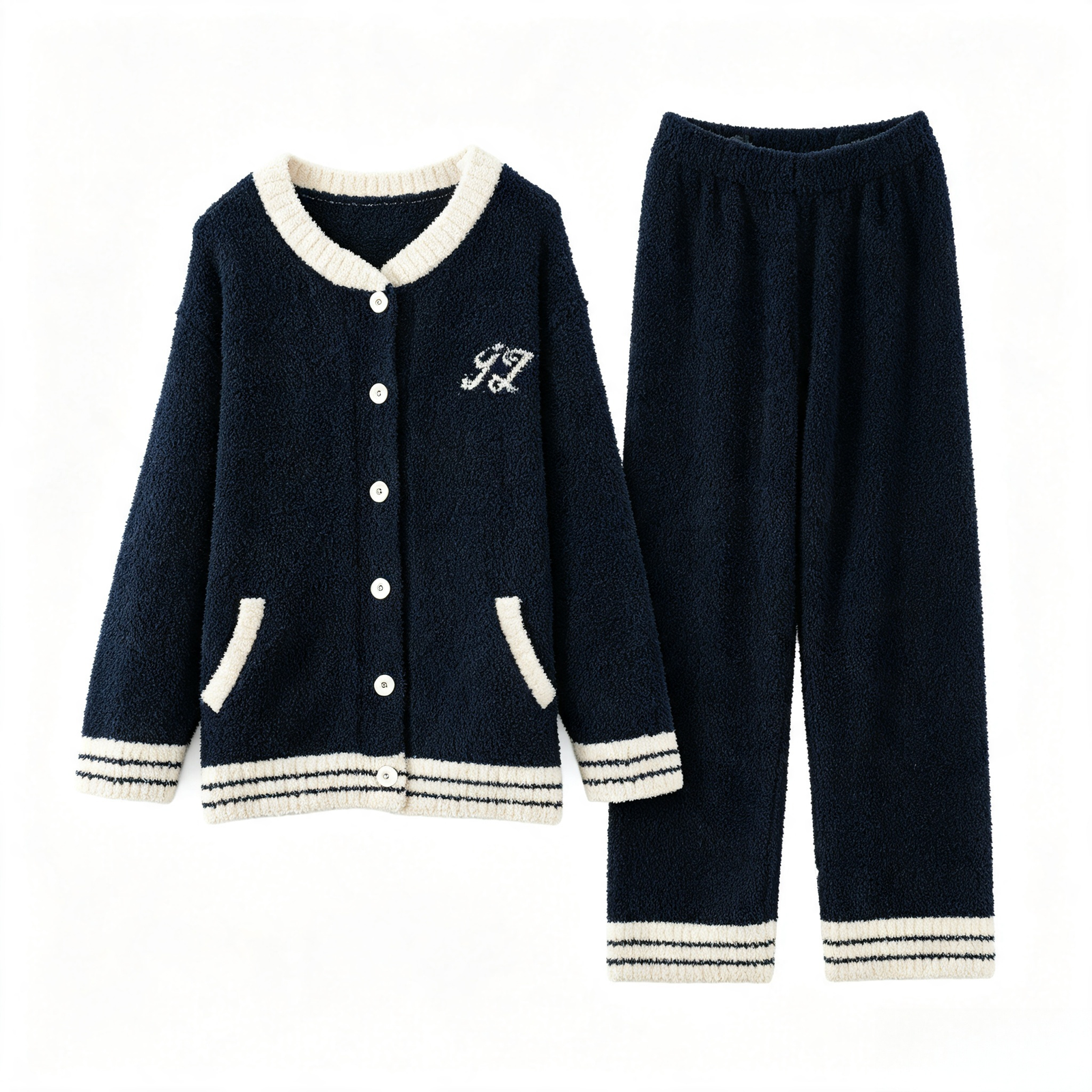 Navy Blue & Cream Half Fleece Two-Piece Pajama Set, Long Sleeve Varsity Cardigan, Elastic Waist Trousers with Contrast Trim