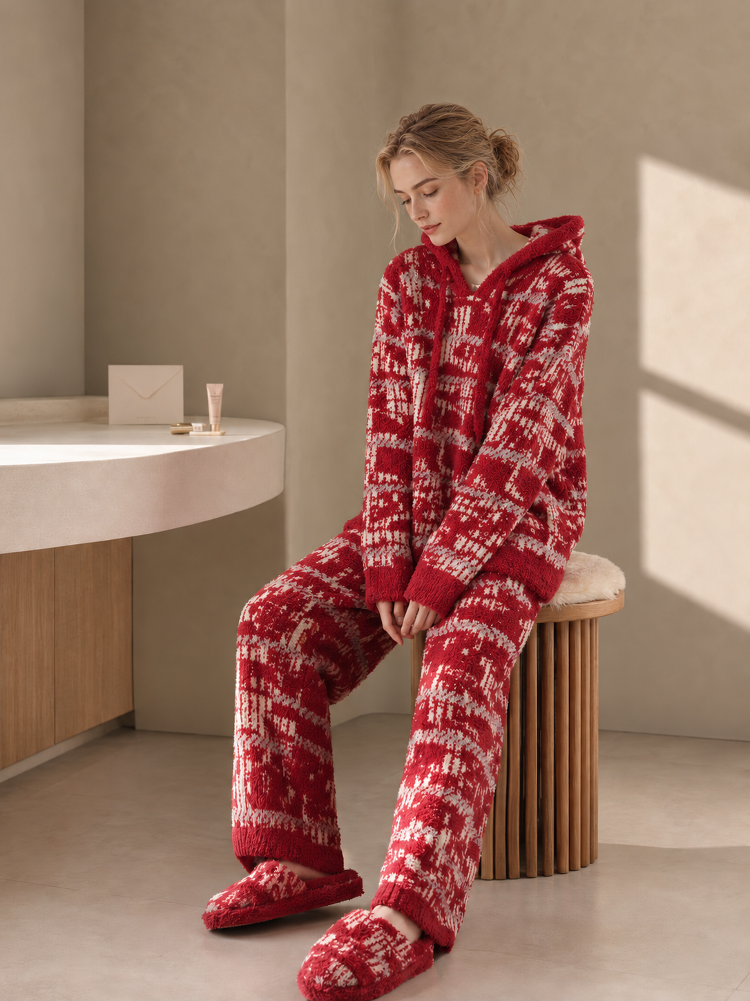 Women's Red and Light Gray Half Fleece Loungewear Set, Hooded Long Sleeve Top & Wide Leg Trousers, Allover Abstract Jacquard Pattern