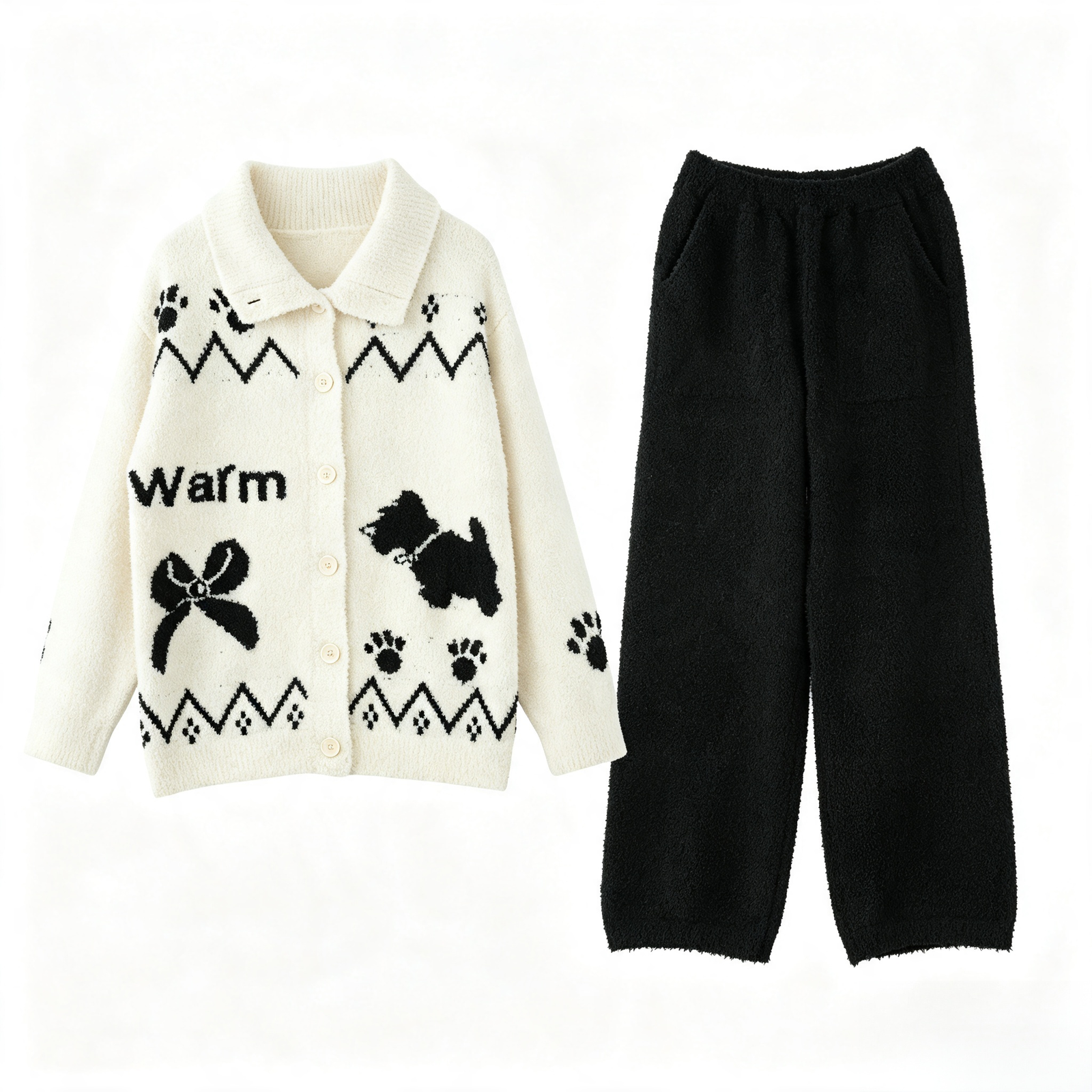 Women's Cream & Black Half Fleece Sleepwear Set, Collared Button Cardigan Top & Wide Leg Trousers, Zigzag Trim Puppy Bow Jacquard Craft