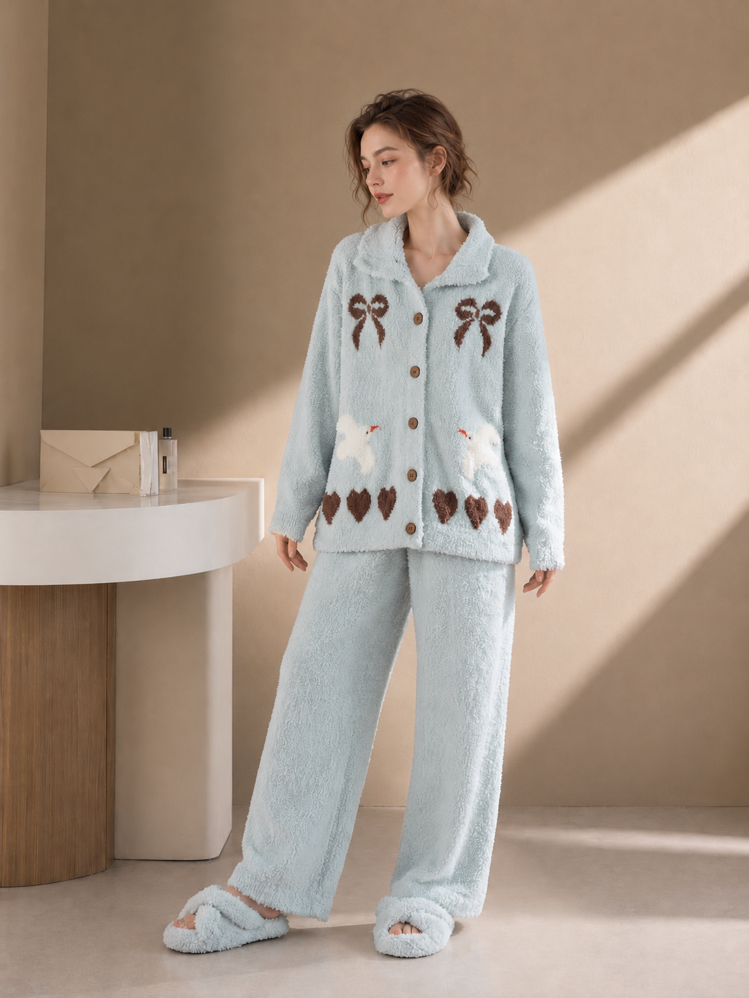 Women's Light Blue Half Fleece Pajama Set, Collared Long Sleeve Button Top & Wide Leg Pants, Brown Bow & White Dove Heart Jacquard
