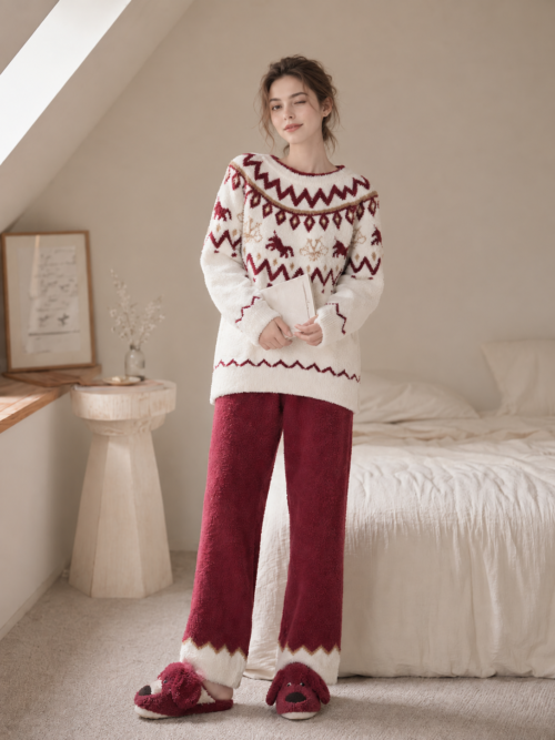 Women's Off-White & Burgundy Half Fleece Pajama Set, Crew Neck Long Sleeve Fair Isle Reindeer Motif Top & Wide Leg Pants, Zigzag Trimmed Pant Hems