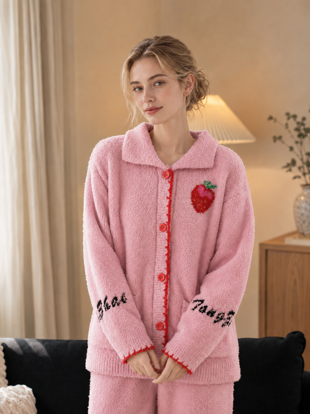 Women's Pink Half Fleece Loungewear Set, Shirt Collar Button Front Long Sleeve Top & Elastic Waist Wide Leg Trousers, Strawberry & Letter Embroidery, Contrast Shell Stitch Trim & Pocket Detail