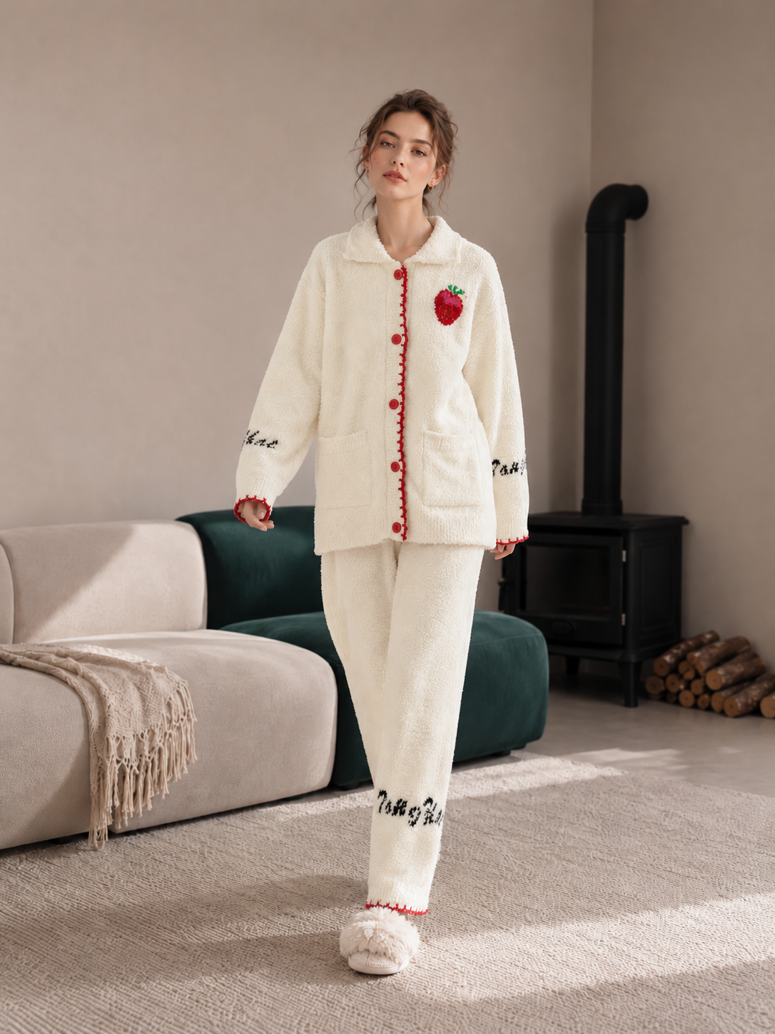 Women's Cream Half Fleece Loungewear Set, Lapel Collar Full Placket Long Sleeve Top & Elastic Waist Wide Leg Trousers, Strawberry & Letter Embroidery, Shell Stitch Trim & Pocket Detail