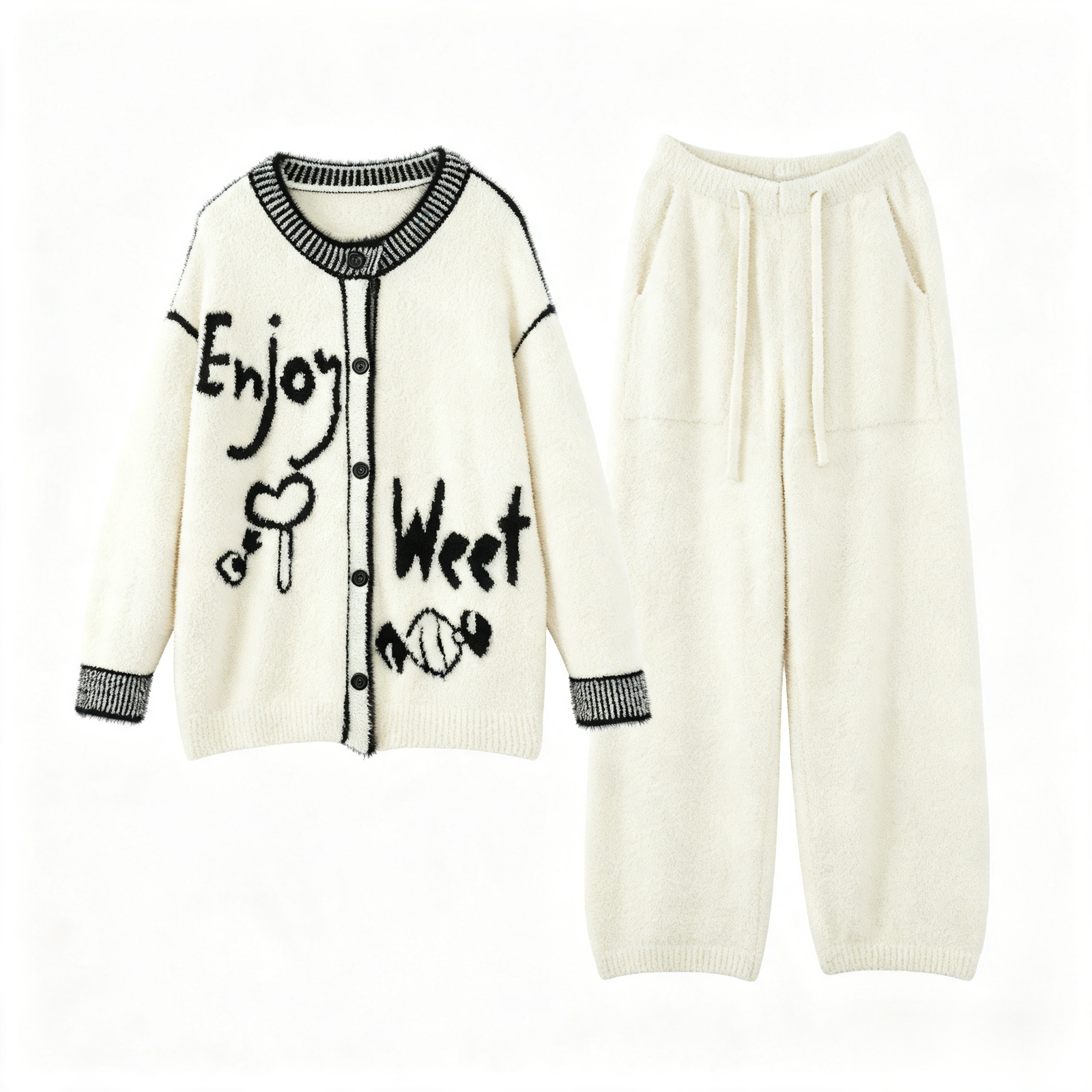 Off-White Half Fleece Two-Piece Pajama Set, Contrast Trim Button Cardigan with Graffiti Motif, Drawstring Waist Trousers