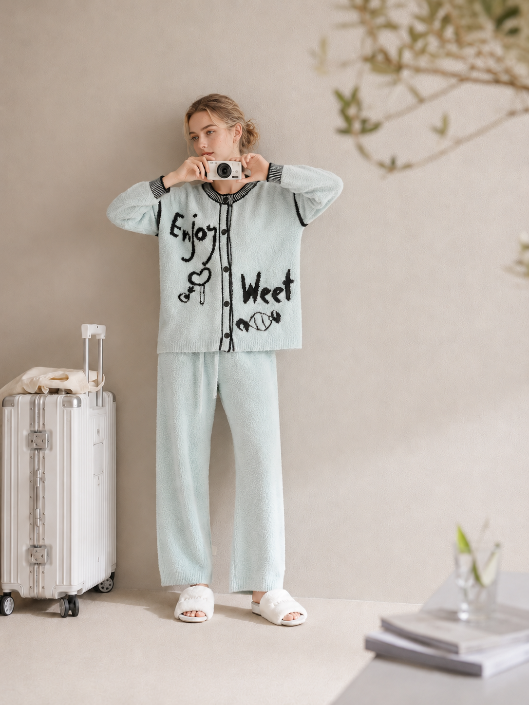 Light Blue Half Fleece Two-Piece Pajama Set, Crew Neck Button Cardigan with Black Graffiti, Drawstring Wide Leg Trousers
