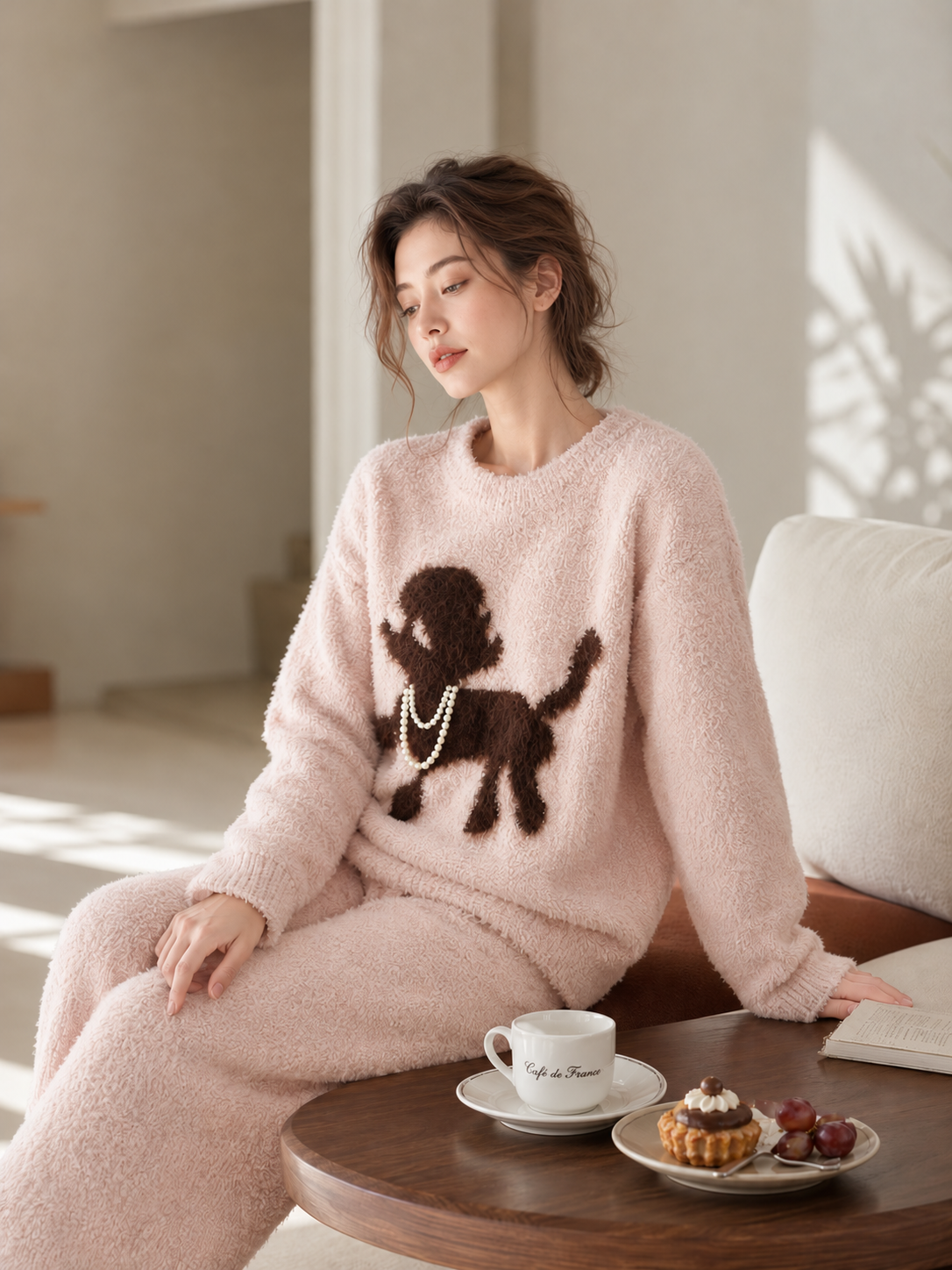 Women's Light Pink Half Fleece Loungewear Set, Crew Neck Long Sleeve Top & Drawstring Wide Leg Trousers, Puppy Print with Pearl Detail