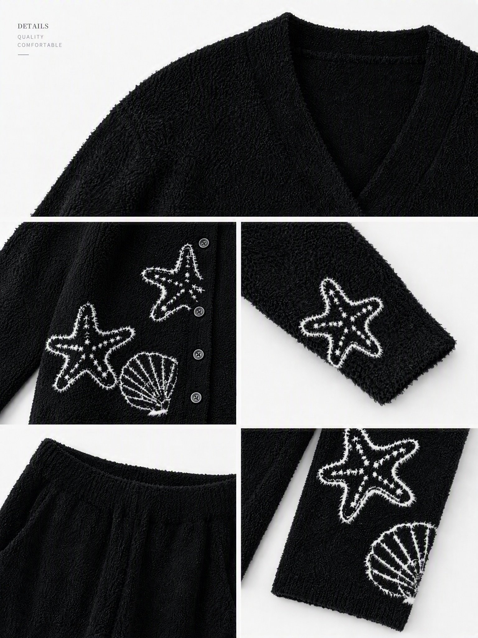 Women's Black Half Fleece Sleepwear Set, V-neck Long Sleeve Top & Wide Leg Pants, Starfish & Seashell Pattern, Angled View