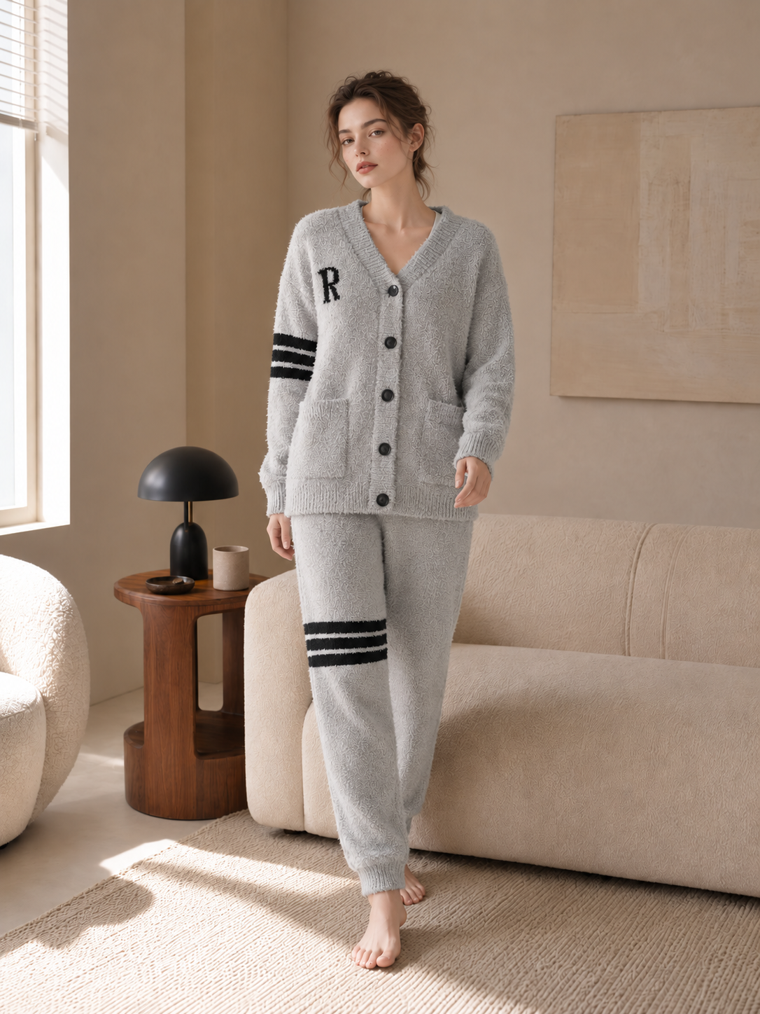 R Letter Varsity Stripe V-Neck Half Fleece Pajama Set Women's Heather Grey Warm Winter Loungewear - Image 3