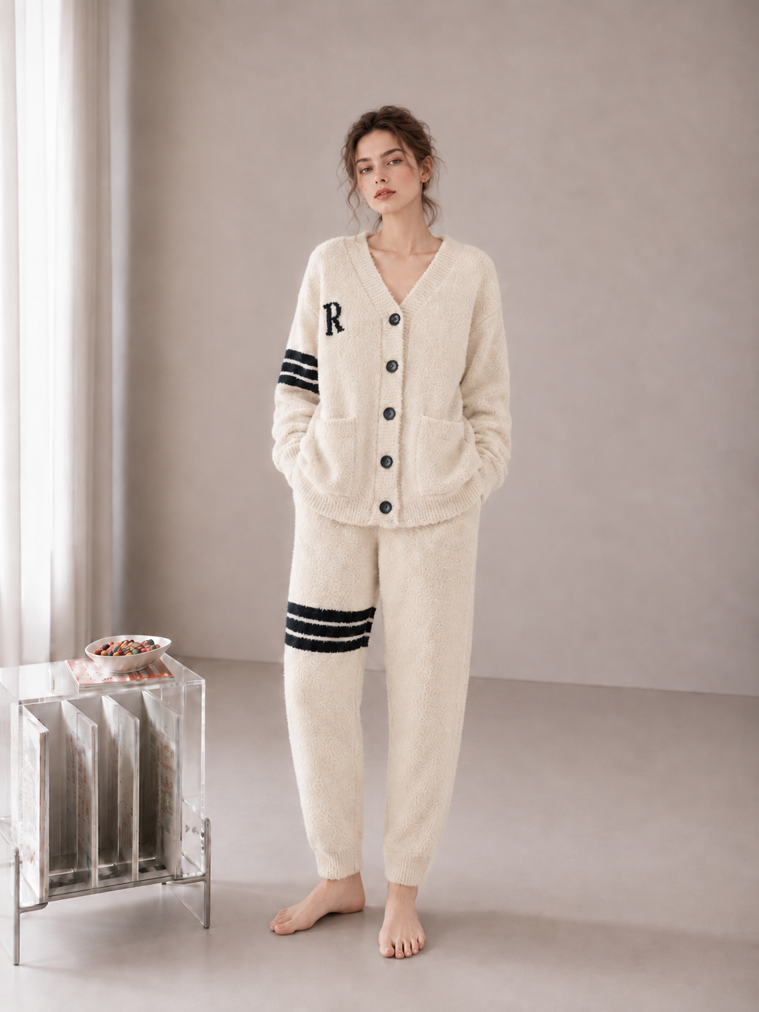 R Letter Varsity Stripe V-Neck Half Fleece Pajama Set Women's Heather Grey Warm Winter Loungewear - Image 17