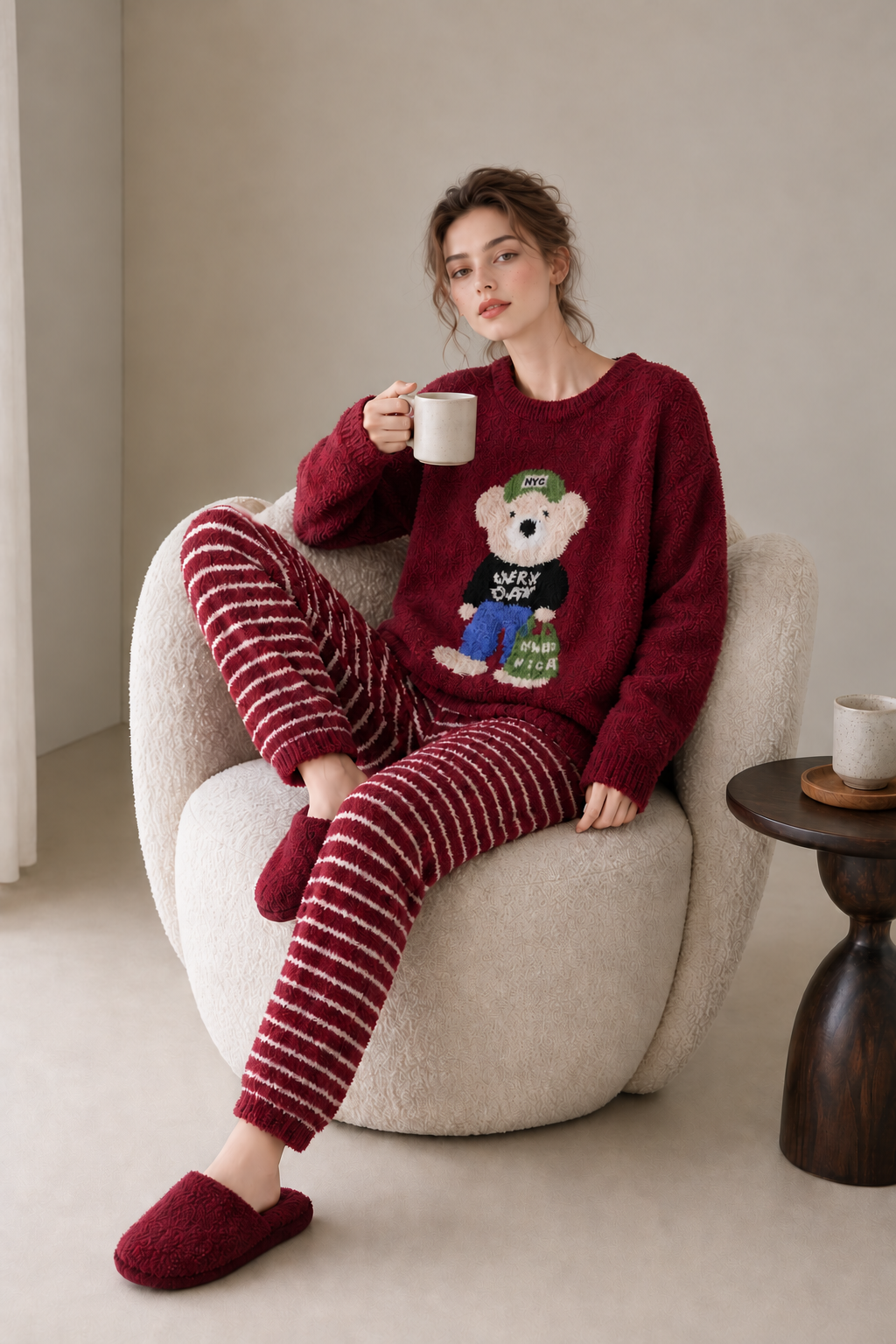 Teddy Bear Print Crew Neck Half Fleece Pajama Set Women's Red Striped Jogger Pants Warm Winter Loungewear - Image 10