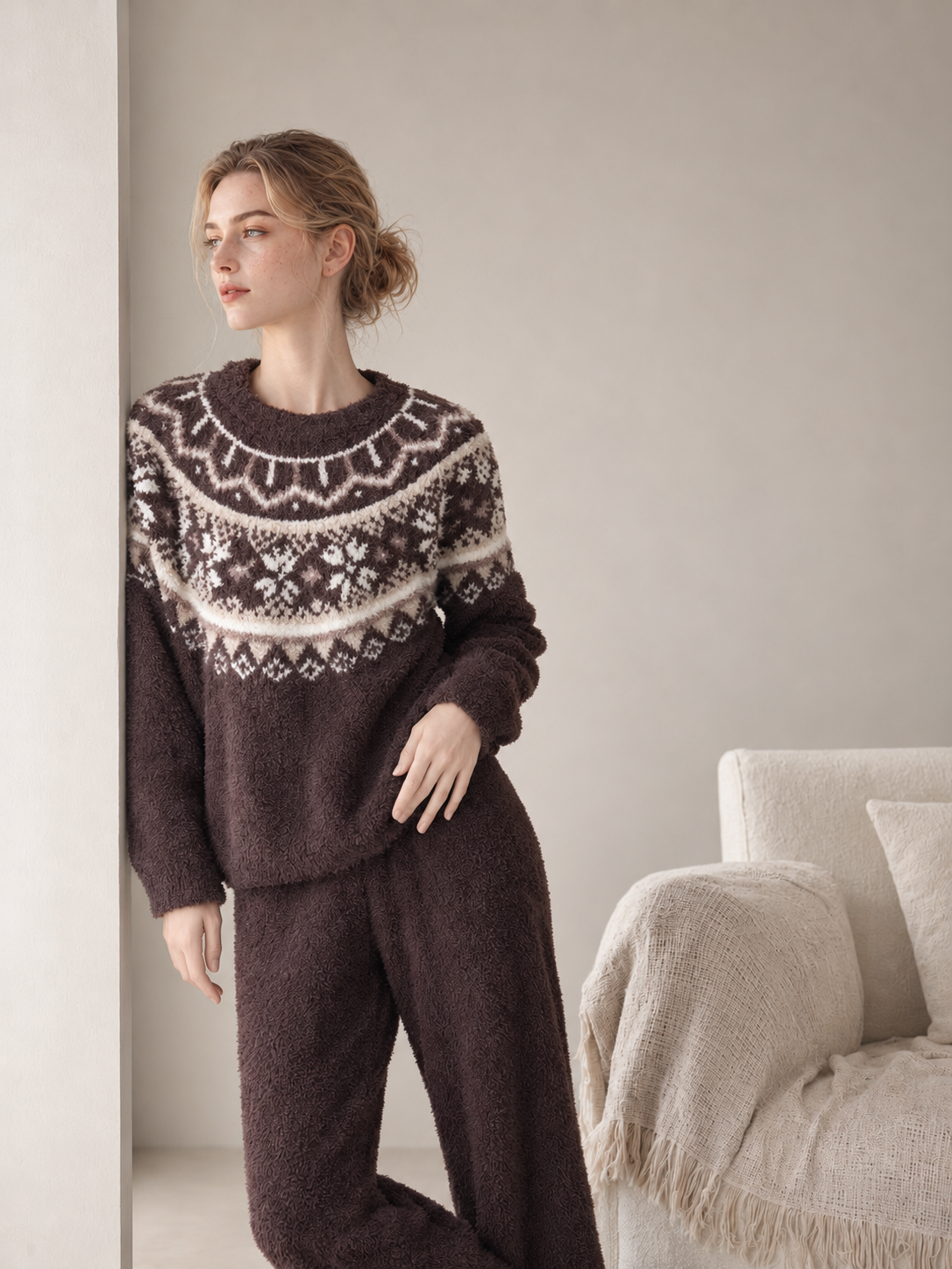 Cream Fair Isle Yoke Crew Neck Half Fleece Pajama Set Women's Vintage Winter Loungewear - 이미지 10