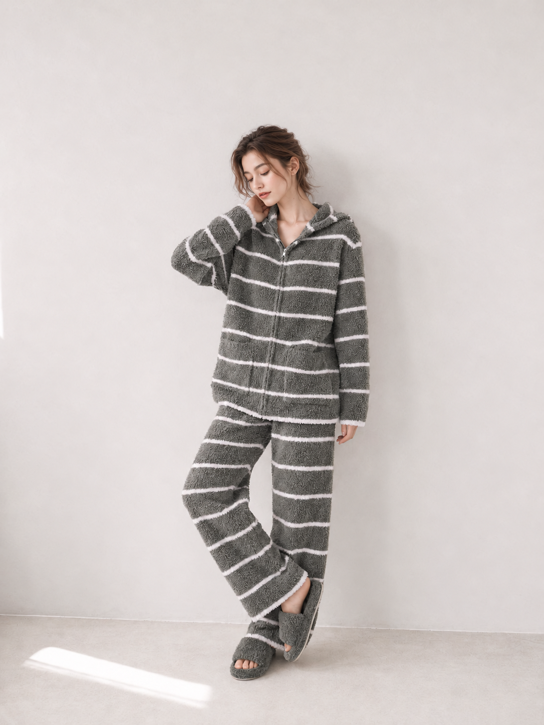 Green White Striped Zip Up Hooded Half Fleece Pajama Set Women's Warm Winter Loungewear with Pockets - Image 12