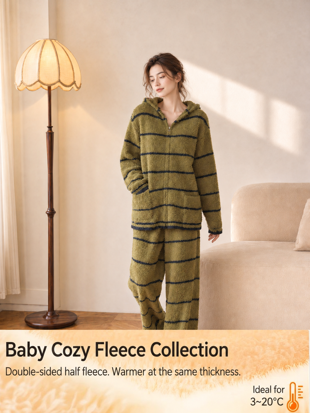 Green White Striped Zip Up Hooded Half Fleece Pajama Set Women's Warm Winter Loungewear with Pockets