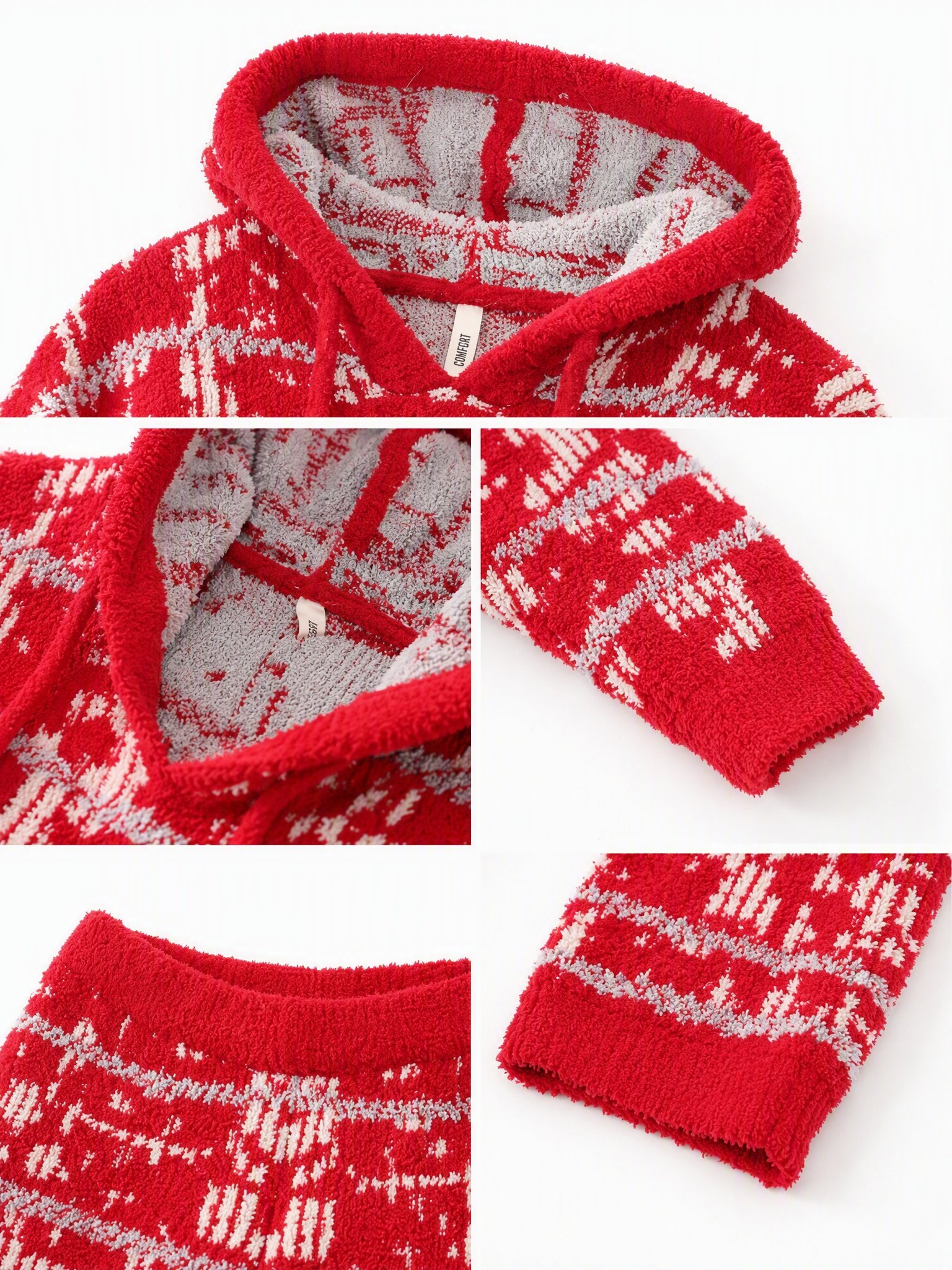 Women's Red and Off-White Half Fleece Sleepwear Set, Drawstring Hooded Long Sleeve Top & Wide Leg Pants, Geometric Plaid Jacquard Pattern, Ribbed Trim Detail