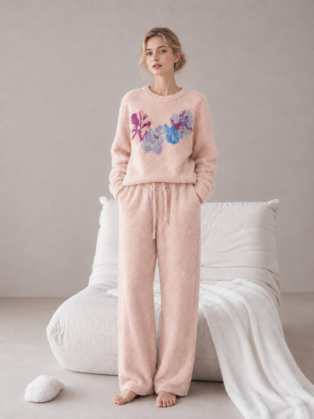 Cream Colorful Floral Print Crew Neck Half Fleece Pajama Set Women's Warm Winter Loungewear - Image 15