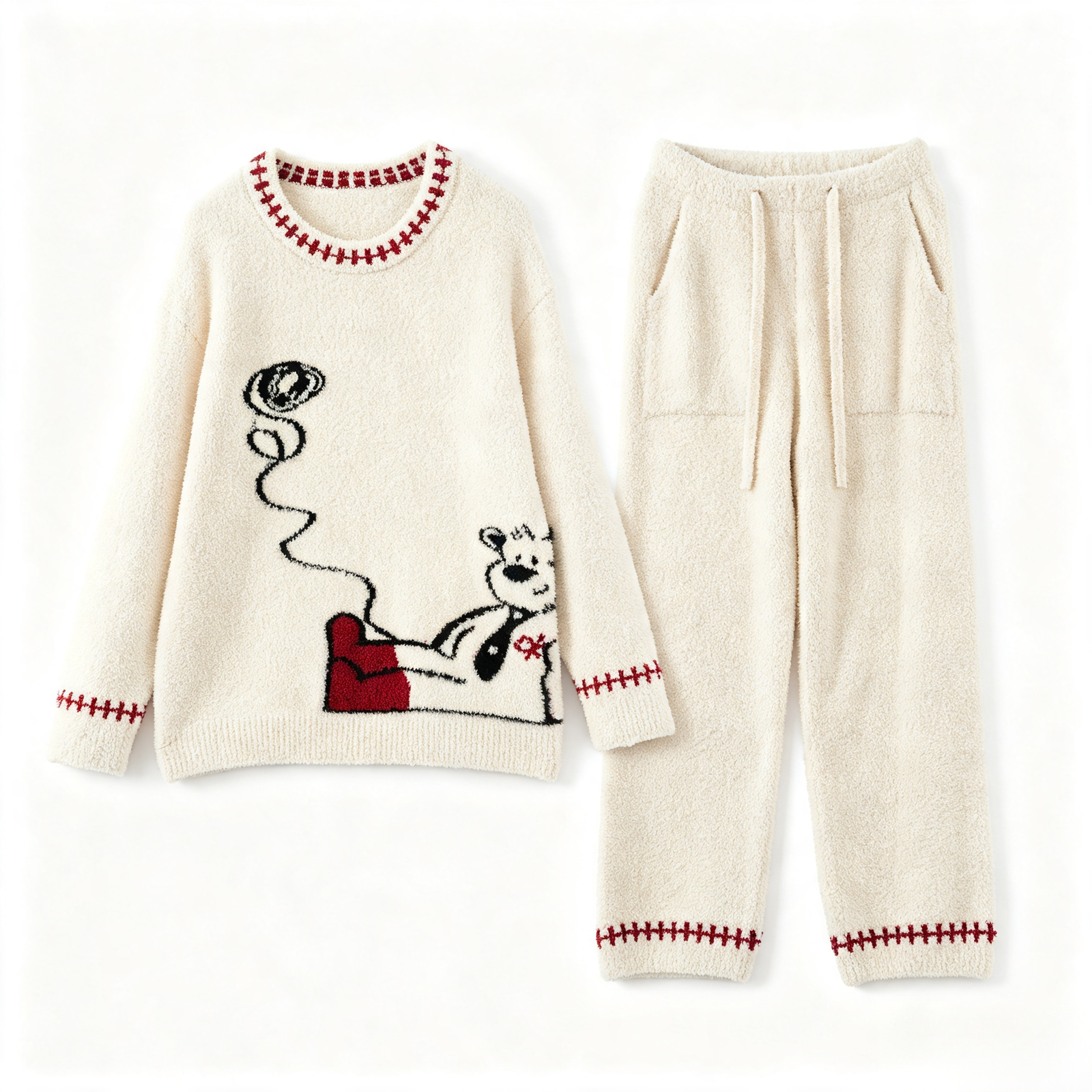 Women's Off-White Half Fleece Pajama Set, Crew Neck Long Sleeve Top & Drawstring Wide Leg Pants with Side Pockets, Bear Jacquard Pattern, Red Contrast Stitching Detail