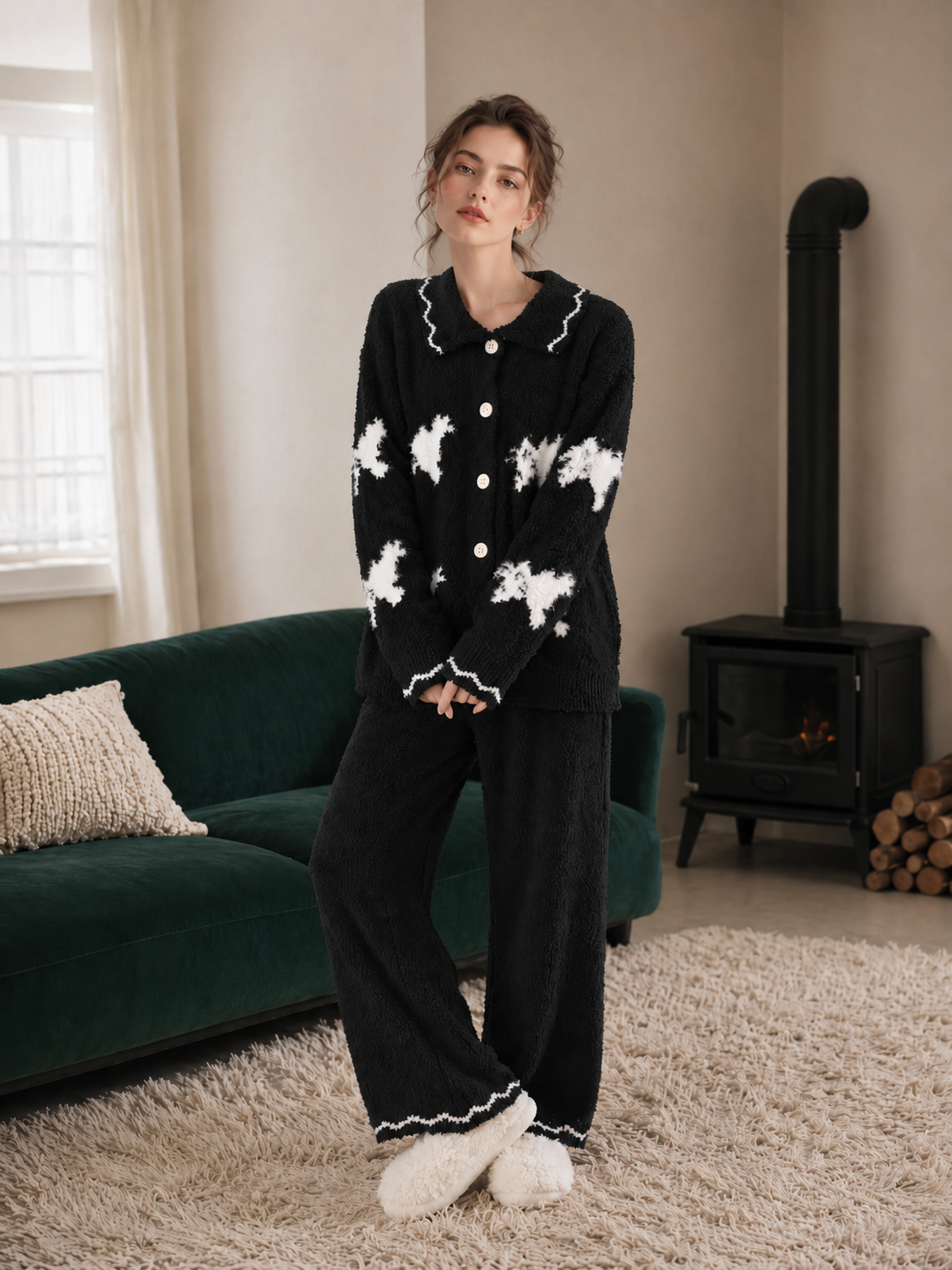 Women's Black Half Fleece Sleepwear Set, Collared Button Up Cardigan Top & Wide Leg Trousers, White Puppy Jacquard, Relaxed Fit