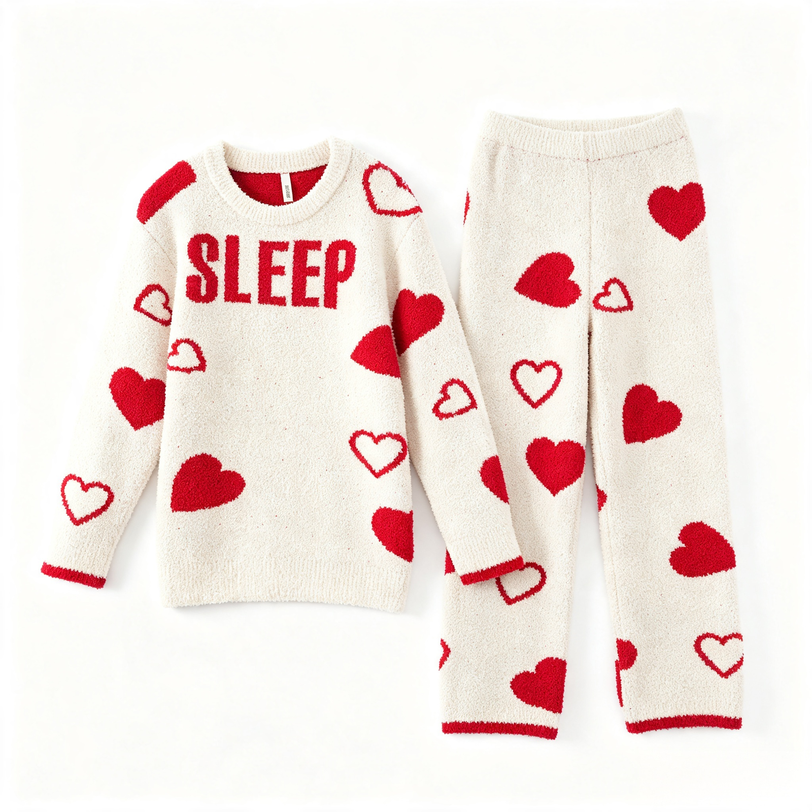 Women's Off-White and Red Half Fleece Sleepwear Set, Crew Neck Long Sleeve Top & Elastic Waist Wide Leg Trousers, Allover Heart Pattern, Chest SLEEP Letter Jacquard Detail