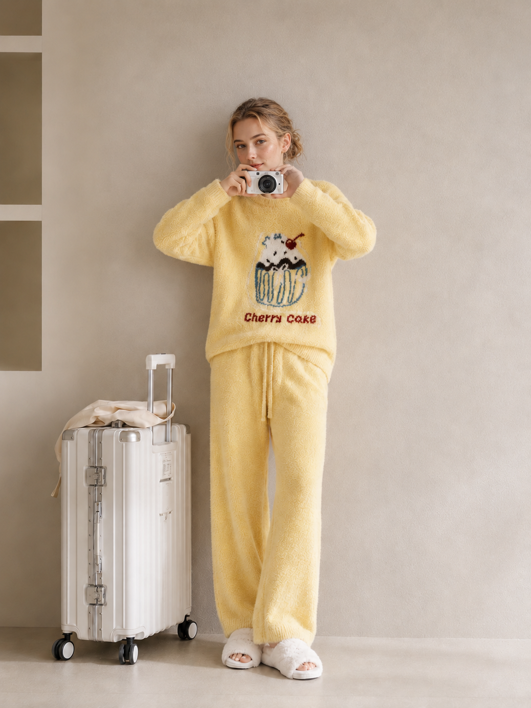 Women's Pale Yellow Half Fleece Sleepwear Set, Crew Neck Long Sleeve Top & Drawstring Wide Leg Pants, Cherry Cupcake Pattern, Relaxed Fit
